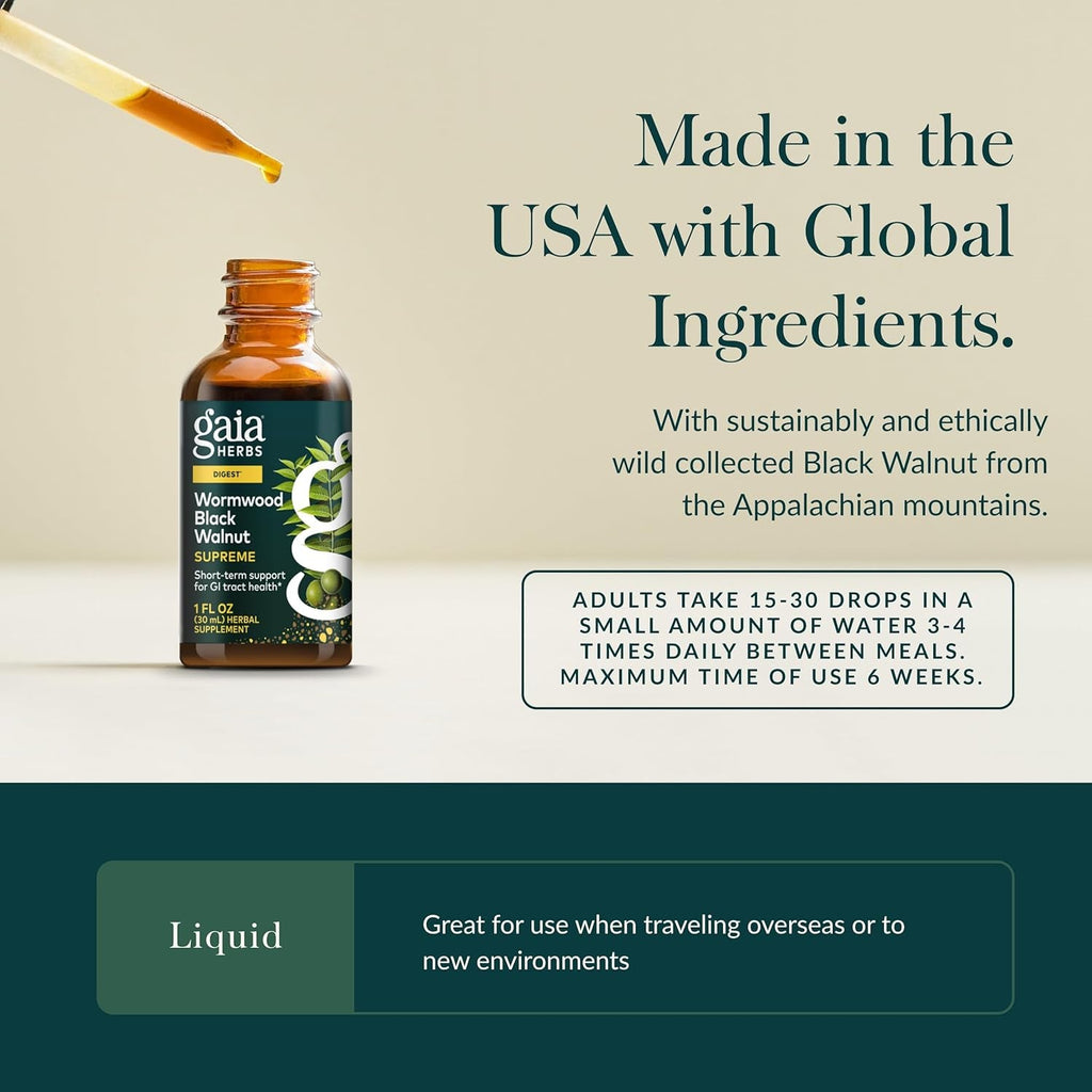 Gaia Herbs Wormwood Black Walnut Supreme - Digestive Support Supplement - Intestinal & Gut Health Support* - Ginger Root, Wormwood & Black Walnut - 1 Fl Oz Liquid Extract (30 Servings)