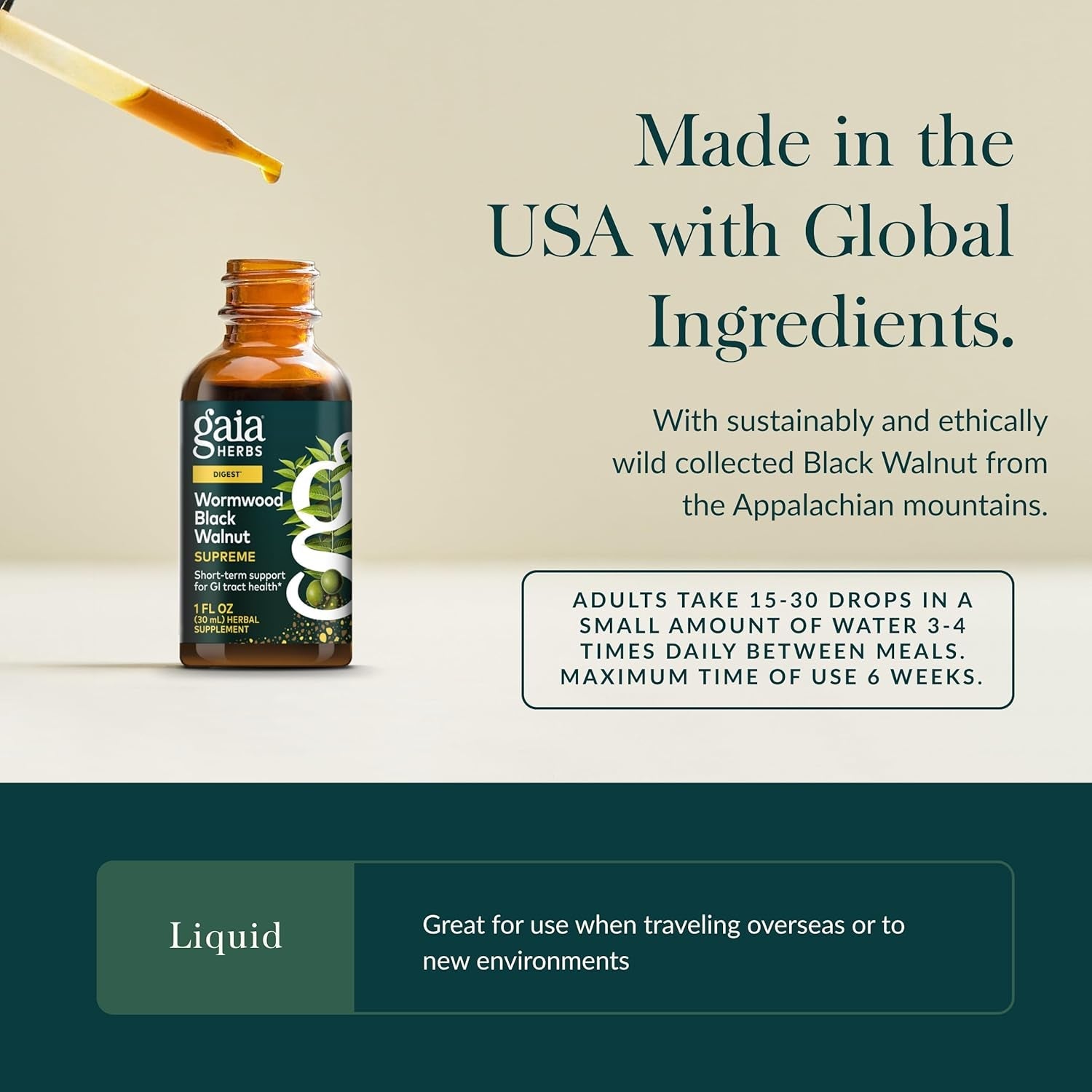 Gaia Herbs Wormwood Black Walnut Supreme - Digestive Support Supplement - Intestinal & Gut Health Support* - Ginger Root, Wormwood & Black Walnut - 1 Fl Oz Liquid Extract (30 Servings)
