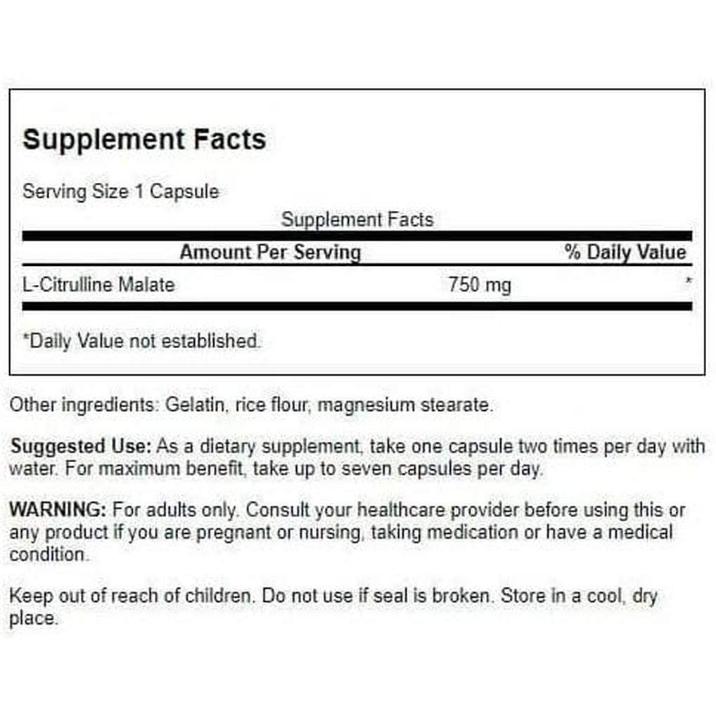 Swanson L-Citrulline Malate - Amino Acid Supplement Promoting Energy Production & Healthy Blood Circulation - Natural Formula Supporting Overall Wellness - (60 Capsules, 750Mg Each)