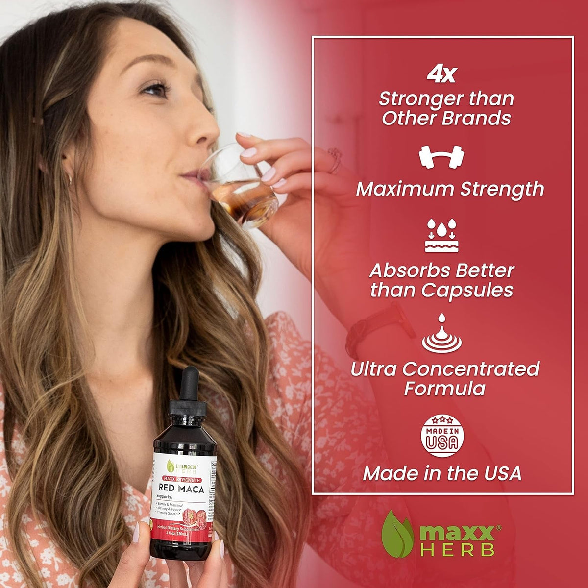 Maxx Herb Red Maca Root Extract - Max Strength Liquid Drops Absorb Better than Powder or Capsules, for Stamina, Memory and Focus - 4 Oz Bottle (60 Servings)