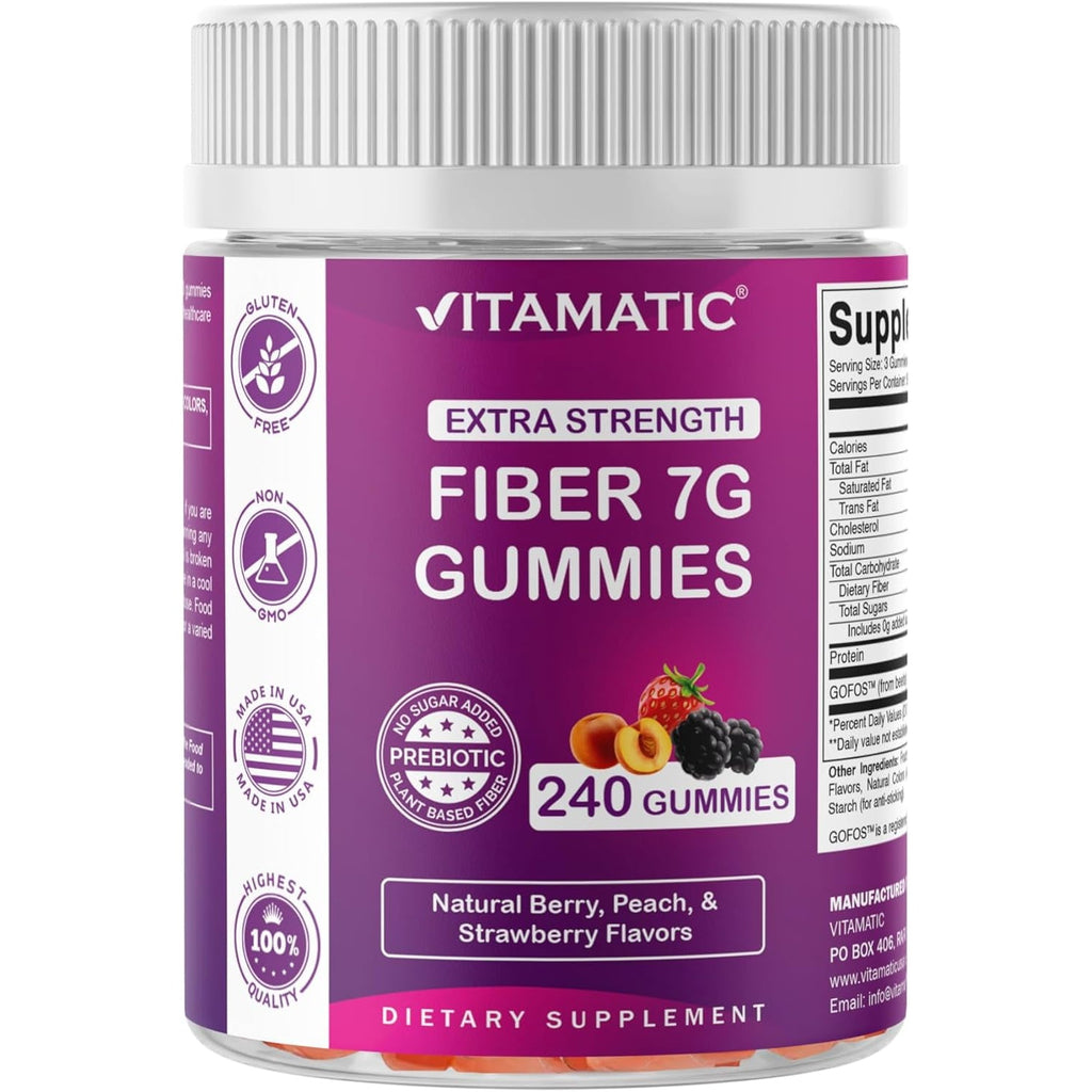 Vitamatic Prebiotic Fiber Gummies for Adults, 7G Extra Strength, Zero Sugar Added, 240 Pectin Based Gummies, Digestive Health & Regularity Support