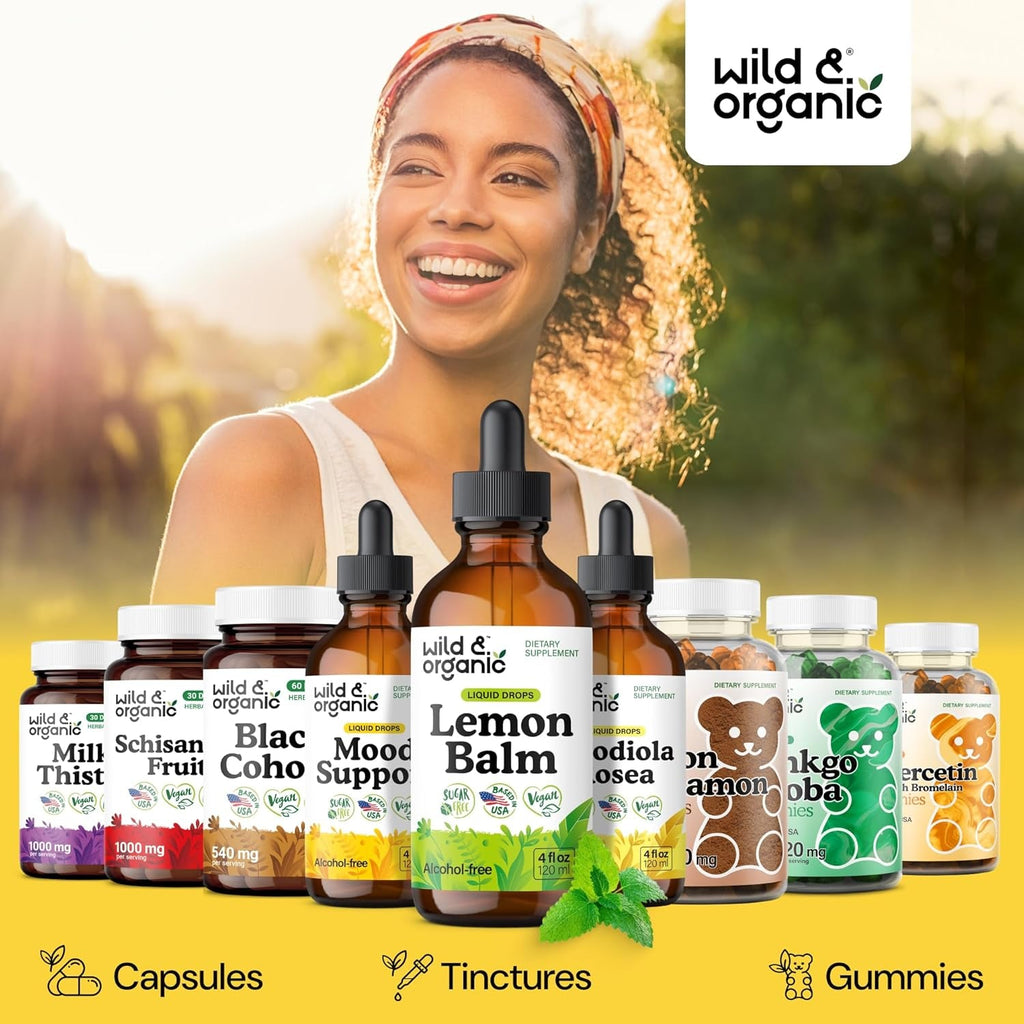 Wild & Organic Lemon Balm Tincture - Good Mood Support - Melissa Lemon Balm Extract Drops - Add to Tea for Relaxation - Vegan, Sugar & Alcohol-Free Leaf Supplement - 4 Fl Oz