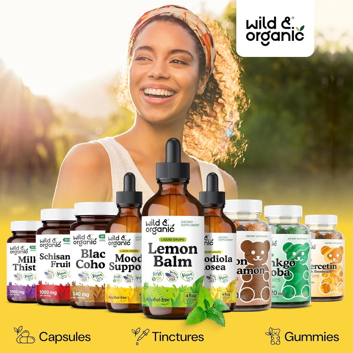 Wild & Organic Lemon Balm Tincture - Good Mood Support - Melissa Lemon Balm Extract Drops - Add to Tea for Relaxation - Vegan, Sugar & Alcohol-Free Leaf Supplement - 4 Fl Oz