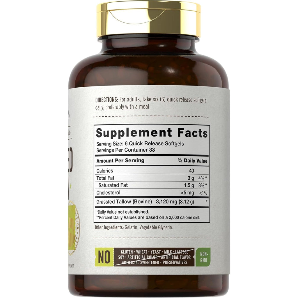 Carlyle Grass Fed Beef Tallow 3120Mg | 200 Softgel Capsules | Pasture Raised Bovine Supplement | Non-Gmo, Gluten Free | by Herbage Farmstead