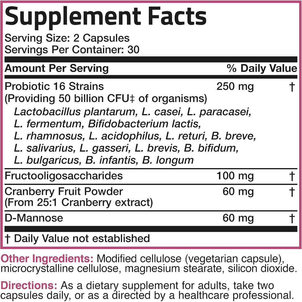 Bronson Women'S Probiotic 50 Billion CFU + Prebiotic with Cranberry & D-Mannose – Vaginal Health, Healthy Digestion, Immune Function and Urinary Tract Support, Non-Gmo, 60 Vegetarian Capsules
