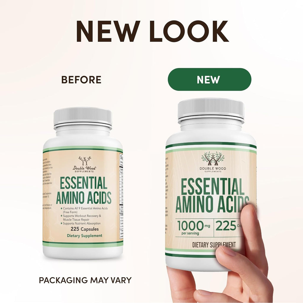 Essential Amino Acids - 1 Gram per Serving Powder Blend of All 9 Essential Aminos (EAA) and All Branched-Chain Aminos (Bcaas) (Leucine, Isoleucine, Valine) 225 Capsules, Gluten Free by Double Wood