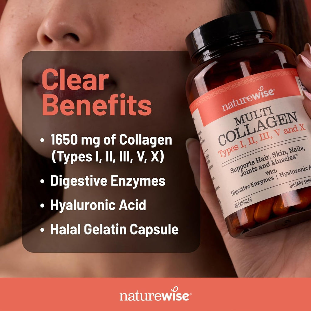 Naturewise Multi Collagen Peptides Pills for Women & Men - Type I, II, III, V, X W/Hyaluronic Acid - Supports Skin, Hair, Joint Health* - Grass Fed, Gluten Free, Non-Gmo - 90 Capsules[30 Day Supply]