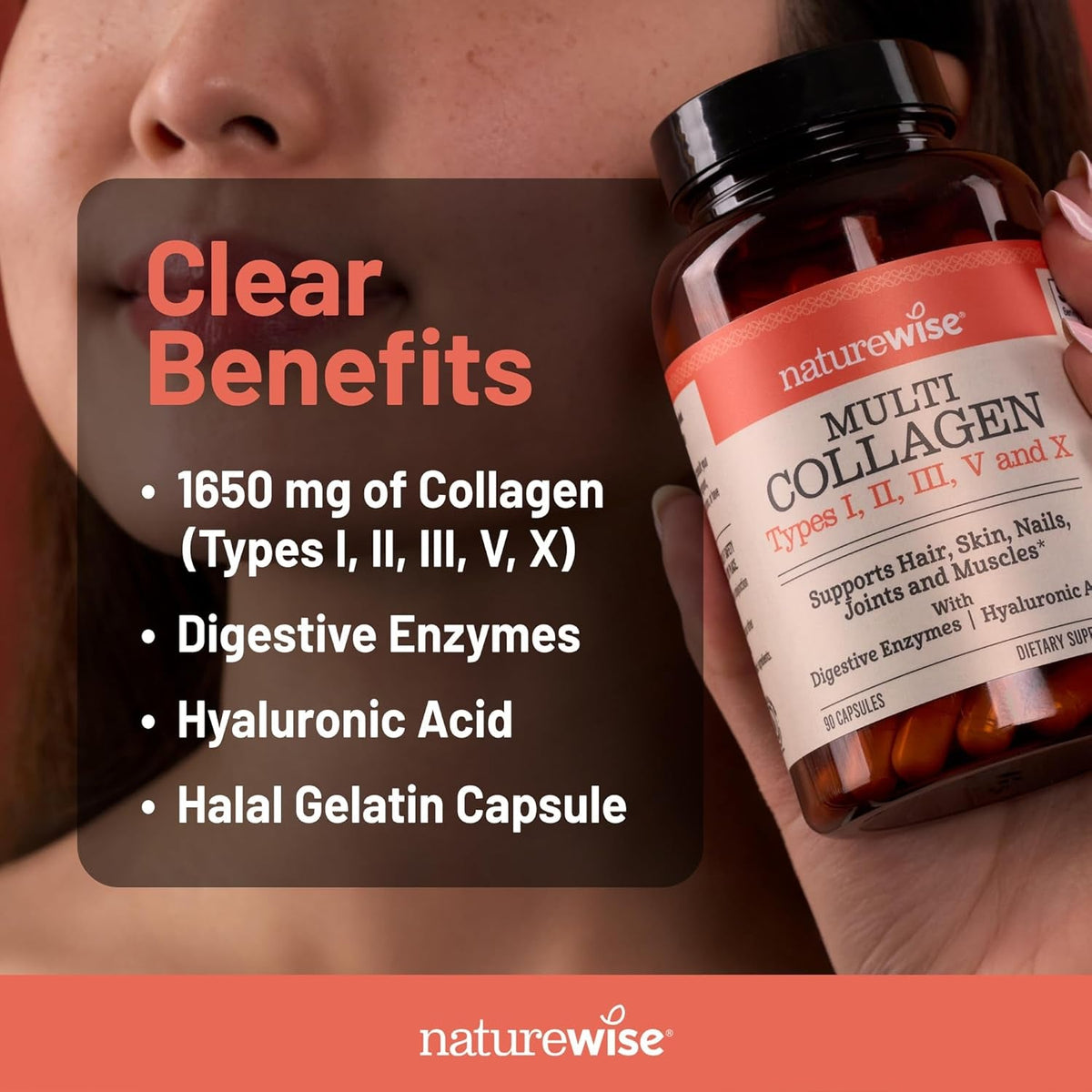 Naturewise Multi Collagen Peptides Pills for Women & Men - Type I, II, III, V, X W/Hyaluronic Acid - Supports Skin, Hair, Joint Health* - Grass Fed, Gluten Free, Non-Gmo - 90 Capsules[30 Day Supply]