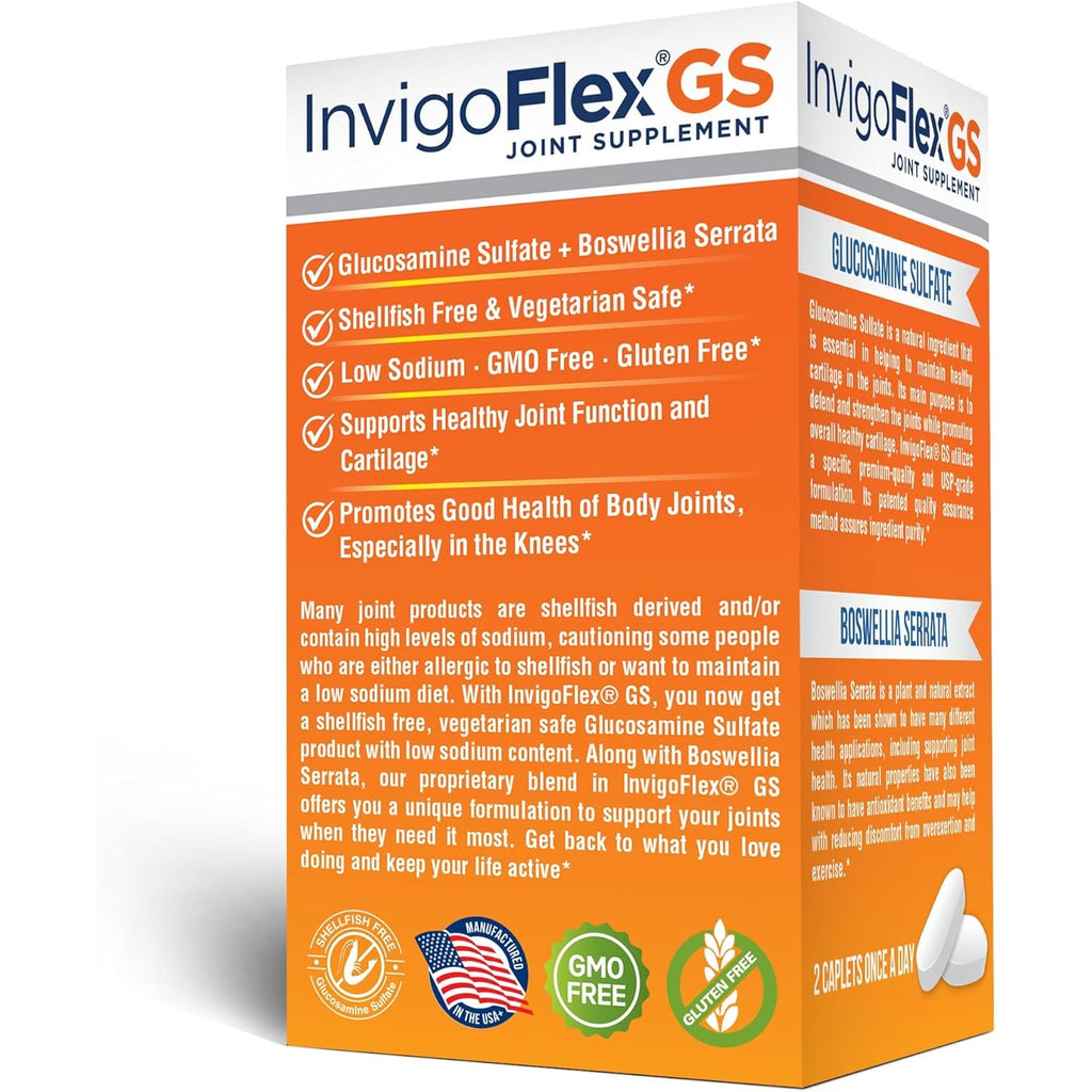 INVIGOFLEX® GS - Glucosamine Sulfate (Shellfish Free, Sodium Free & Vegetarian Safe) Non GMO, Gluten Free - with Boswellia Serrata - Knees, Hands, Back, and Hip Premium Joint Supplement