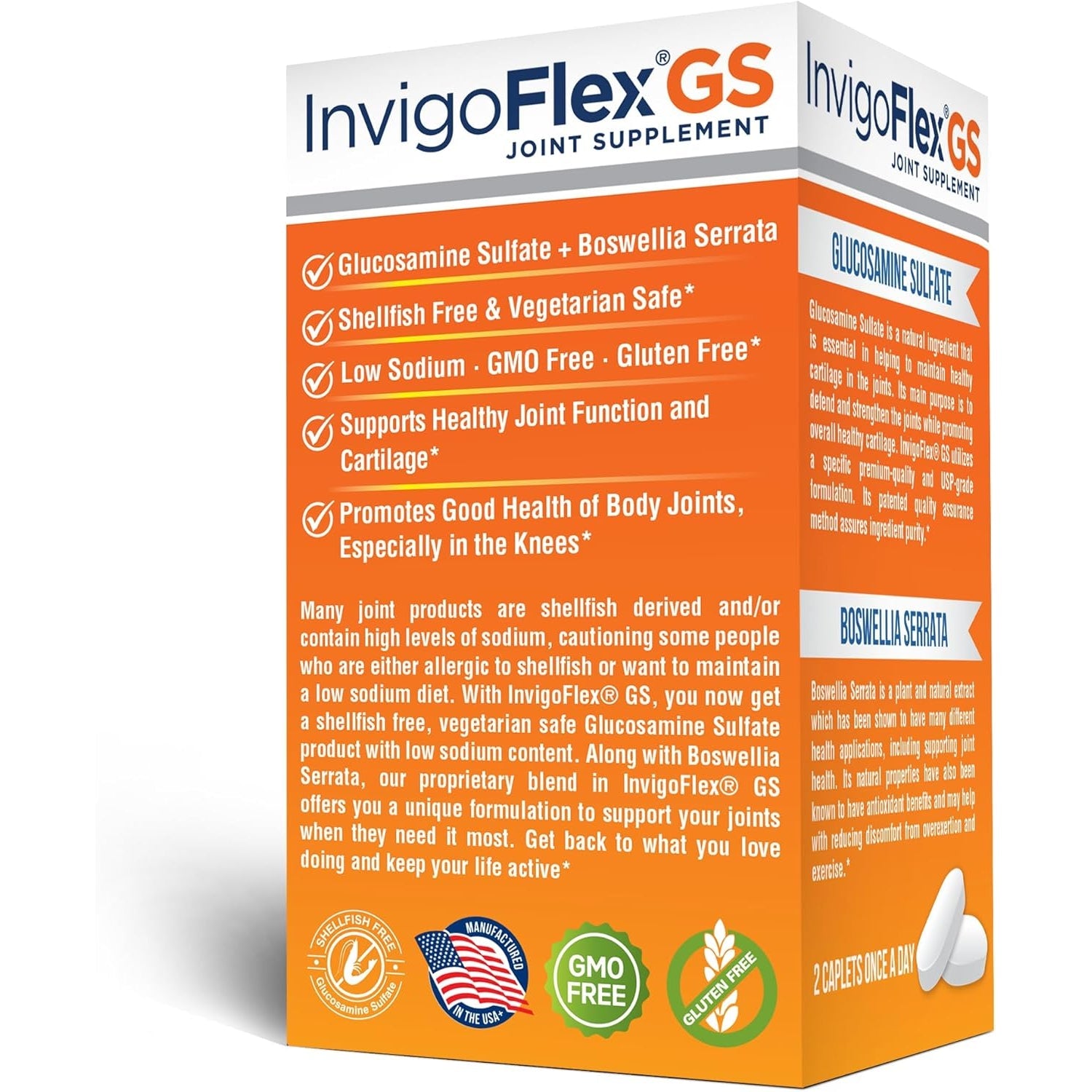 INVIGOFLEX® GS - Glucosamine Sulfate (Shellfish Free, Sodium Free & Vegetarian Safe) Non GMO, Gluten Free - with Boswellia Serrata - Knees, Hands, Back, and Hip Premium Joint Supplement