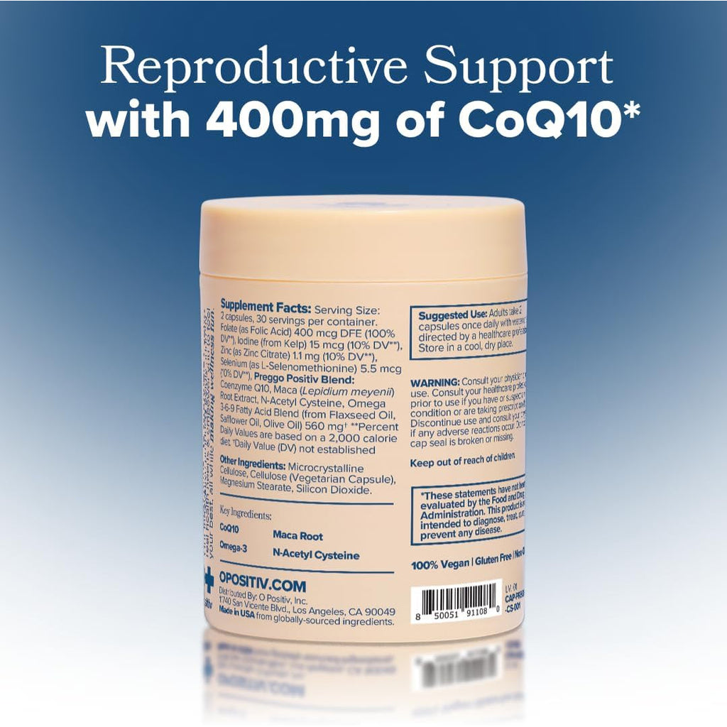 O Positiv Preggo Conception Support Capsules for Women - Obgyn-Formulated Pre Prenatal Vitamins with Clinically-Studied Ingredients - Coq10, N-Acetyl Cystein - Female Sexual Health, 60 Ct (Pack of 1)