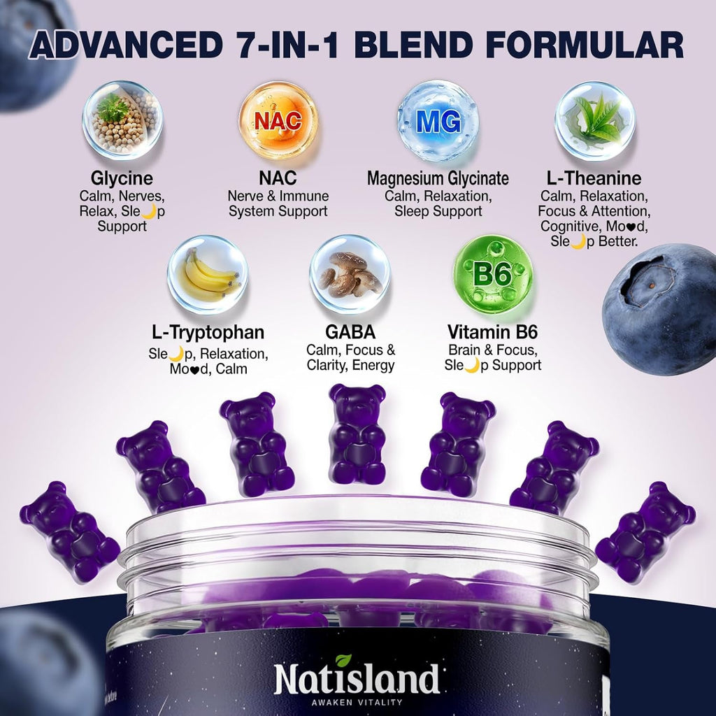 Glycine Gummies for Sleep, Glycine 3G Supplements with NAC, Magnesium Glycinate, L-Theanine, GABA, L Tryptophan, B6 for Relax, Nerve & Brain, Melatonin Free, Sugar Free, Vegan, Blueberry Flavor, 60 Ct