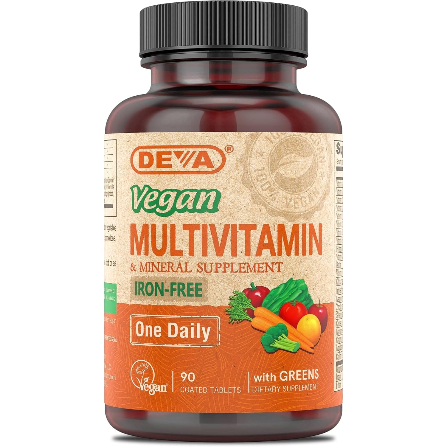 DEVA Vegan Iron-Free Multivitamin & Mineral Supplement, Green Food Blend, Spirulina, Chlorella, Ashwagandha, Broccoli, 90 Coated Tablets