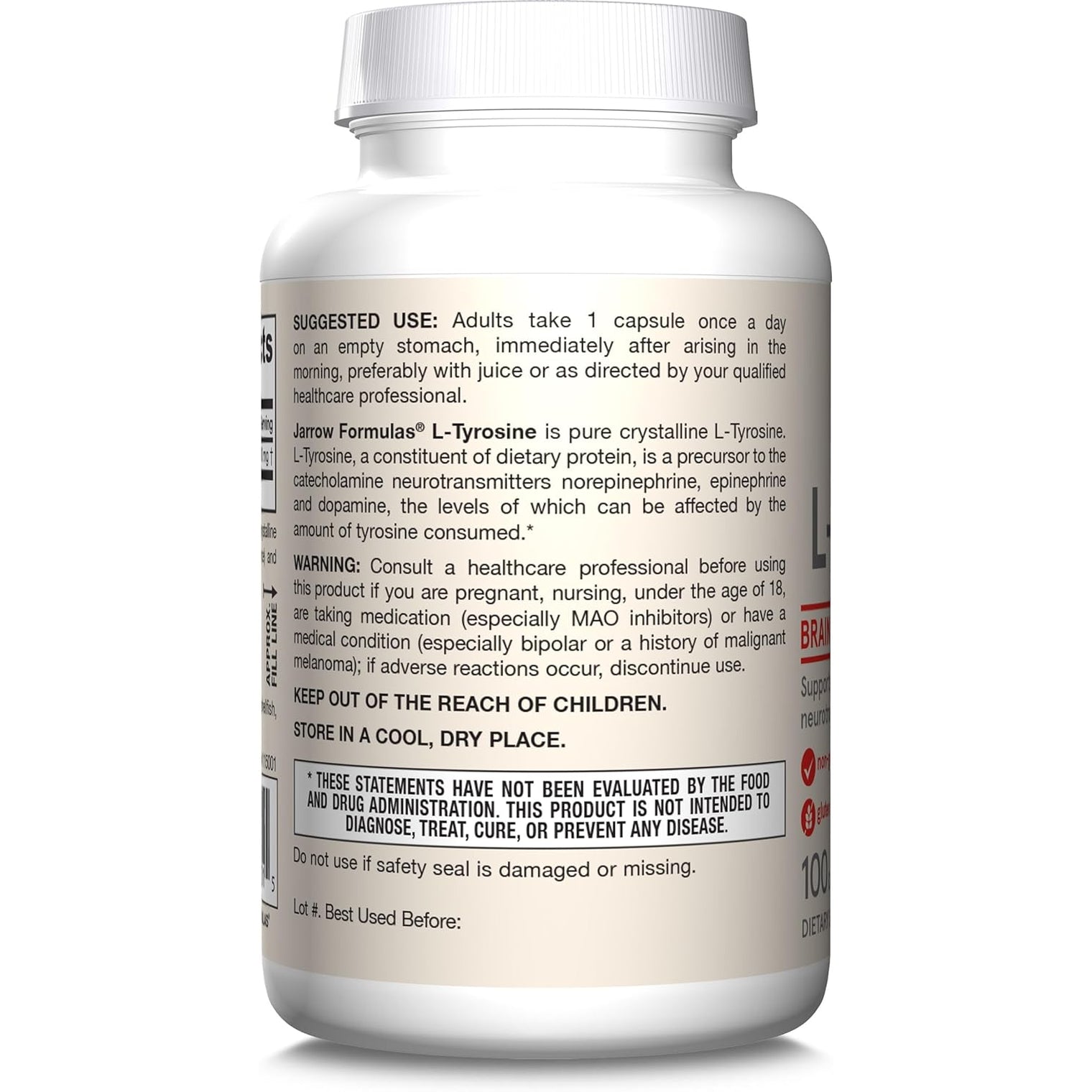 Jarrow Formulas® L-Tyrosine 500 Mg, Dietary Supplement, Amino Acid Supplement for Brain Health Support, 100 Capsules, 100 Day Supply