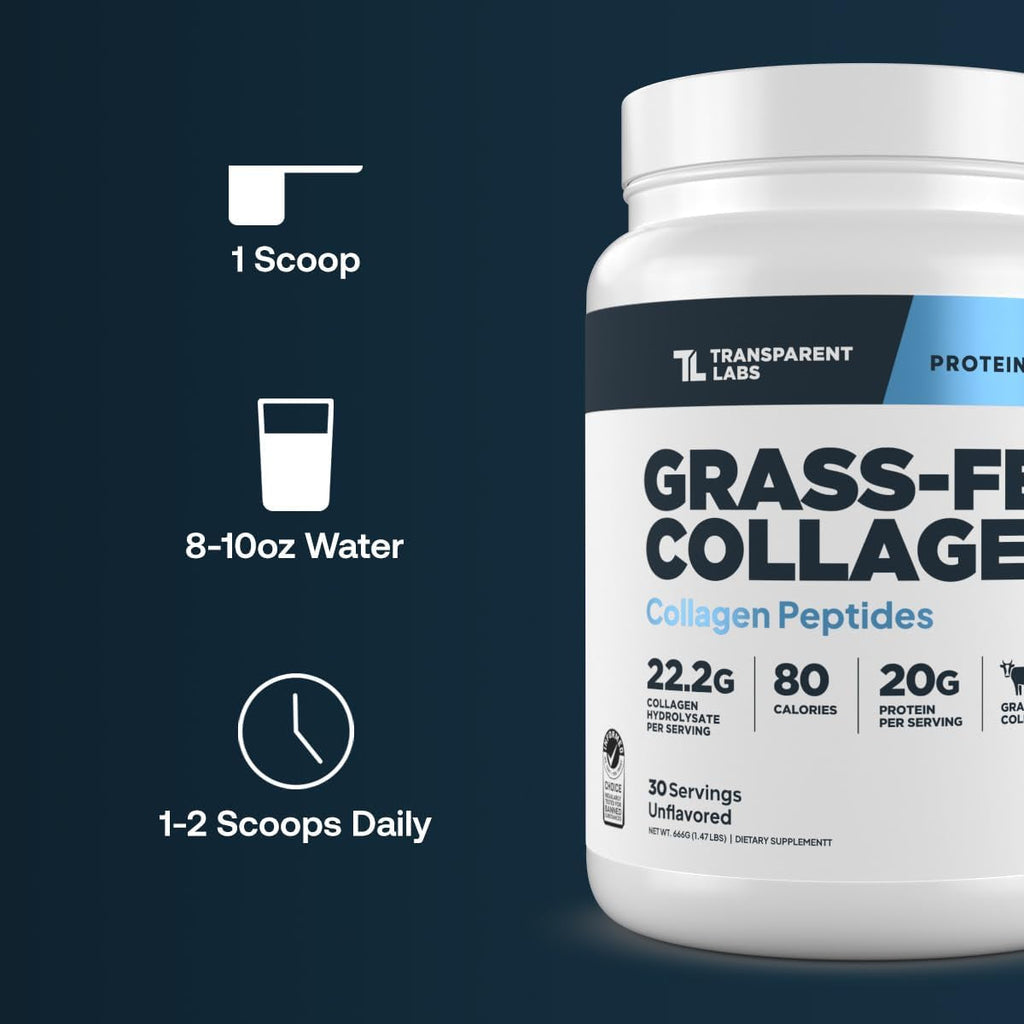 Grass-Fed Collagen Peptides Powder - Unflavored Collagen Powder for Women & Men, 22G Grassfed Bovine Hydrolyzed Collagen Peptides per Serving for Skin, Hair, Bones & Muscle Recovery - 30 Servings