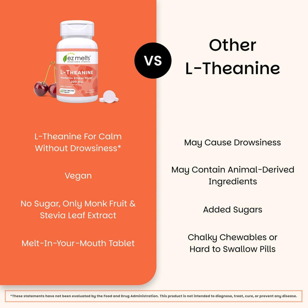 EZ Melts L-Theanine 200 Mg - Stress & Relaxation Support Supplement - No Artificial Flavors - No Drowsiness - Non-Gmo & Vegan - Sweet Cherry - 60 Dissolvable Tablets (30 Servings)
