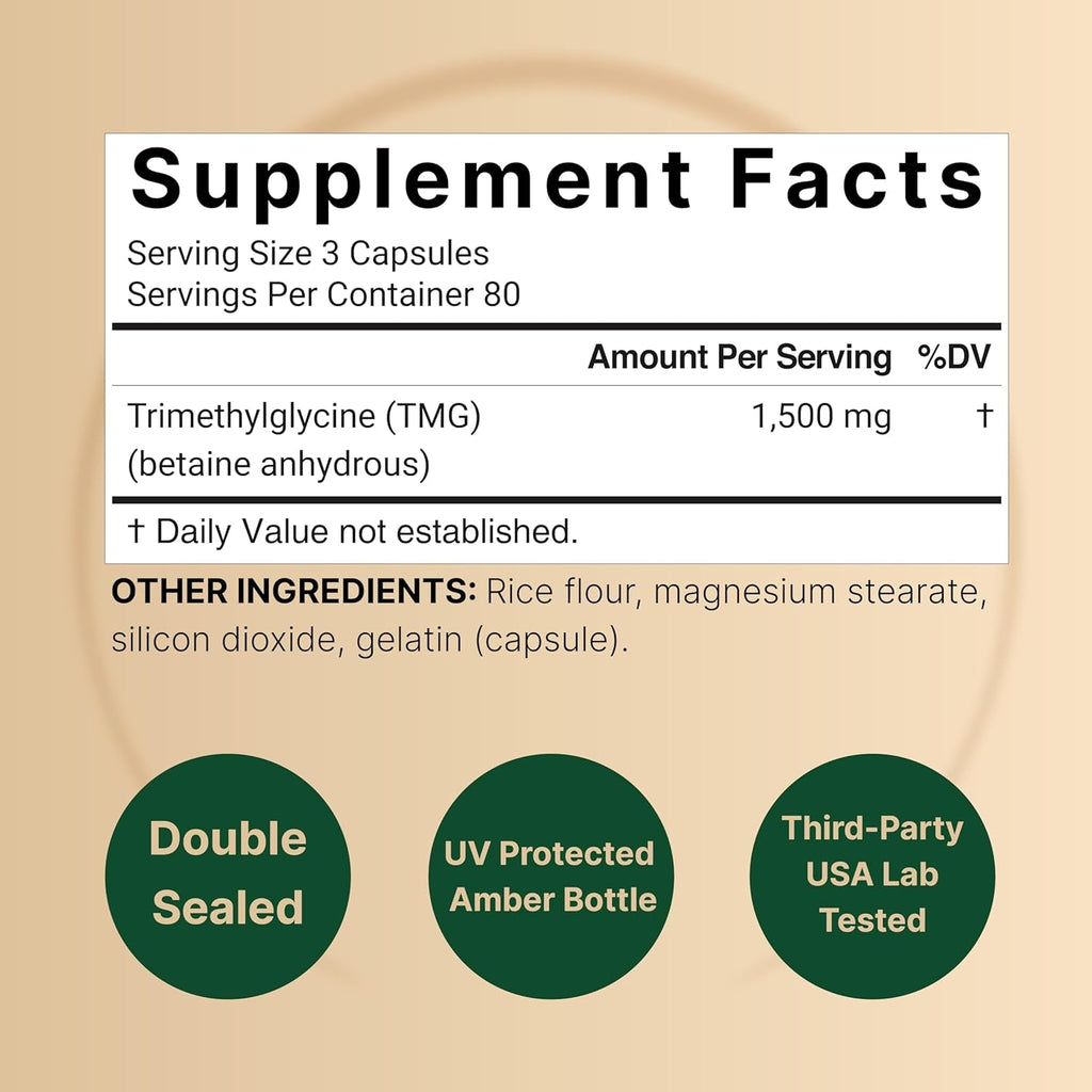 Naturebell TMG Supplements 1,500Mg, 240 Capsules | Max Strength Betaine Anhydrous Trimethylglycine – Supports Healthy Homocysteine Balance, Heart & Liver Health – Non-Gmo, Gluten Free