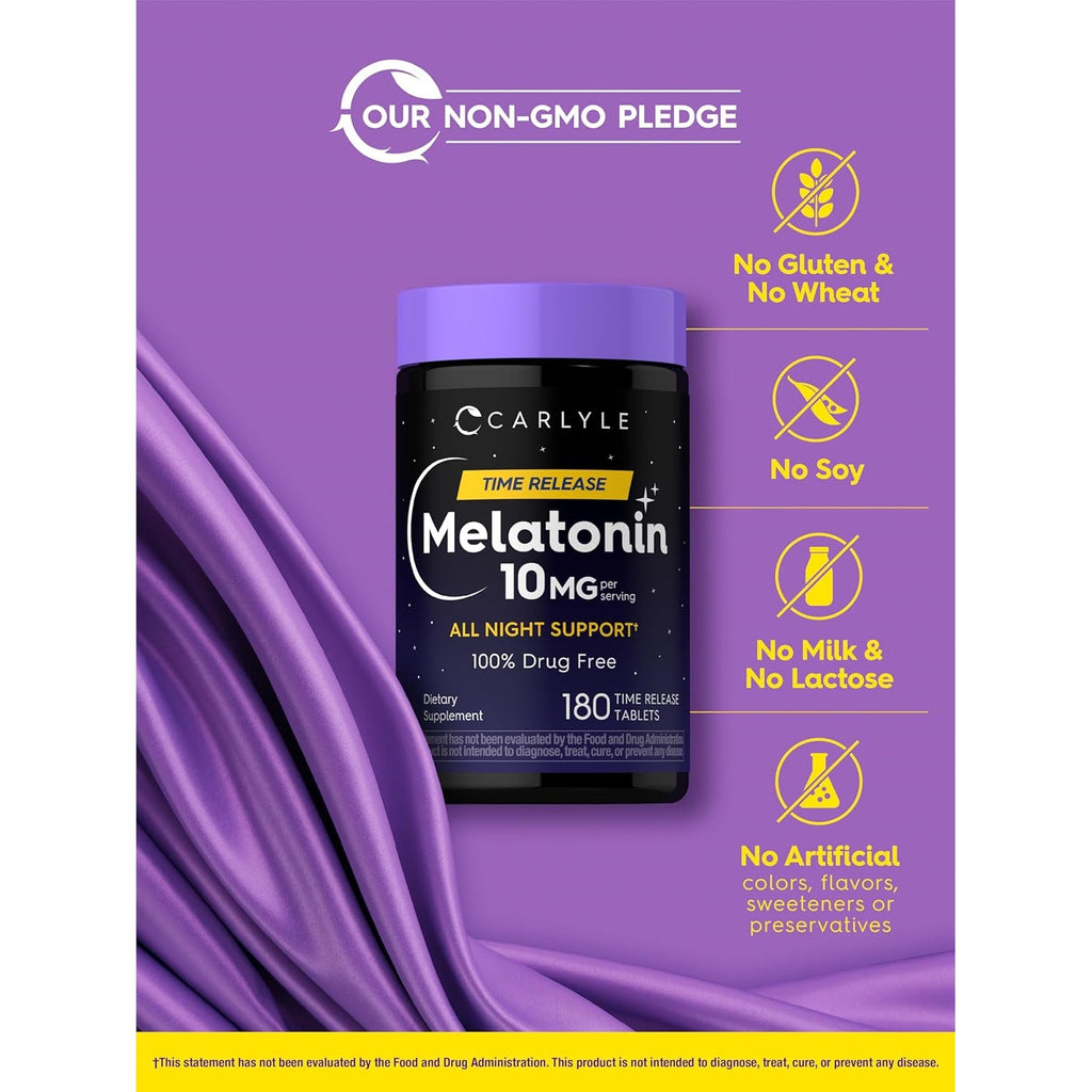 Carlyle Melatonin 10Mg | 180 Time Release Tablets | All Night Support | with Vitamin B6 | 100% Drug Free Supplement | Vegan, Non-Gmo, Gluten Free