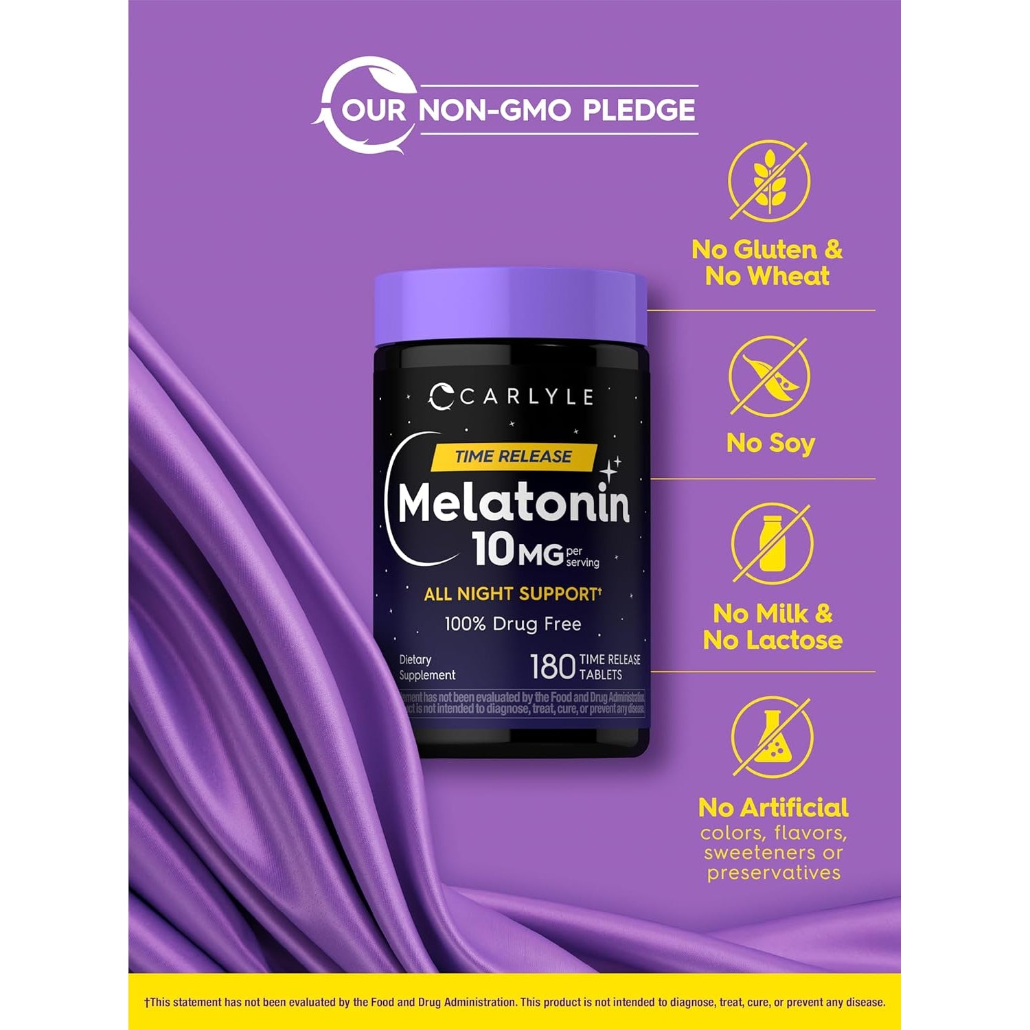 Carlyle Melatonin 10Mg | 180 Time Release Tablets | All Night Support | with Vitamin B6 | 100% Drug Free Supplement | Vegan, Non-Gmo, Gluten Free