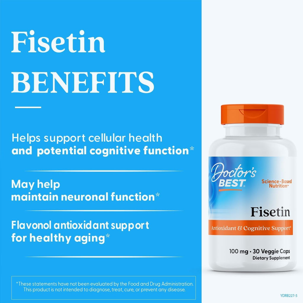 Doctor'S Best Fisetin Supplement 100 Mg for Men & Women - Brain Health & Antioxidant Support, Fisetin Capsules (As Novusetin) 100Mg per Serving, Vegan, Gluten Free, Soy Free, Non GMO - 30 Veg Caps
