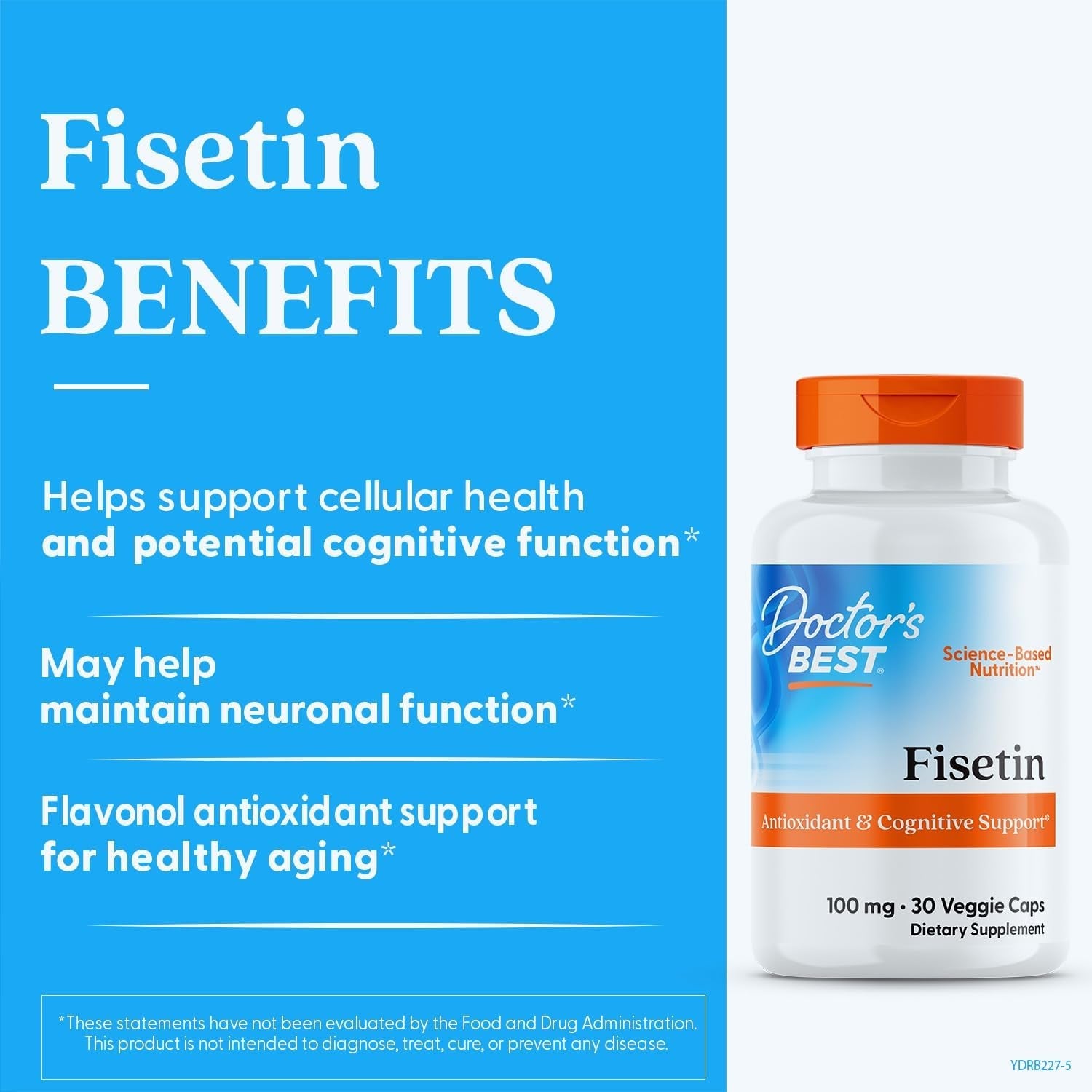 Doctor'S Best Fisetin Supplement 100 Mg for Men & Women - Brain Health & Antioxidant Support, Fisetin Capsules (As Novusetin) 100Mg per Serving, Vegan, Gluten Free, Soy Free, Non GMO - 30 Veg Caps