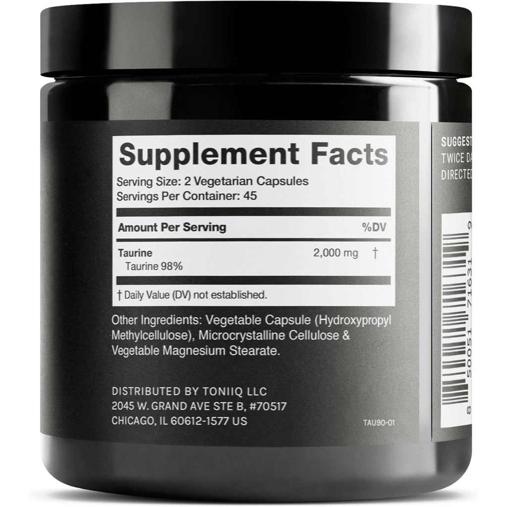 Toniiq 2000Mg Taurine Supplement - High Purity Taurine Powder Capsules, 98%+ Pure, Third-Party Lab Tested - Potent, Non-Gmo, Gluten-Free, Effective Formula 45 Optimal Servings per Bottle