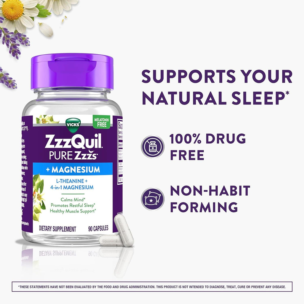 Zzzquil Pure Zzzs, +Magnesium Capsules, L-Theanine and Magnesium, Sleep Aid, 4-In-1 Magnesium: Citrate, Bisglycinate, Oxide, and Carbonate, Sleep Aids for Adults, 90 Sleep Capsules
