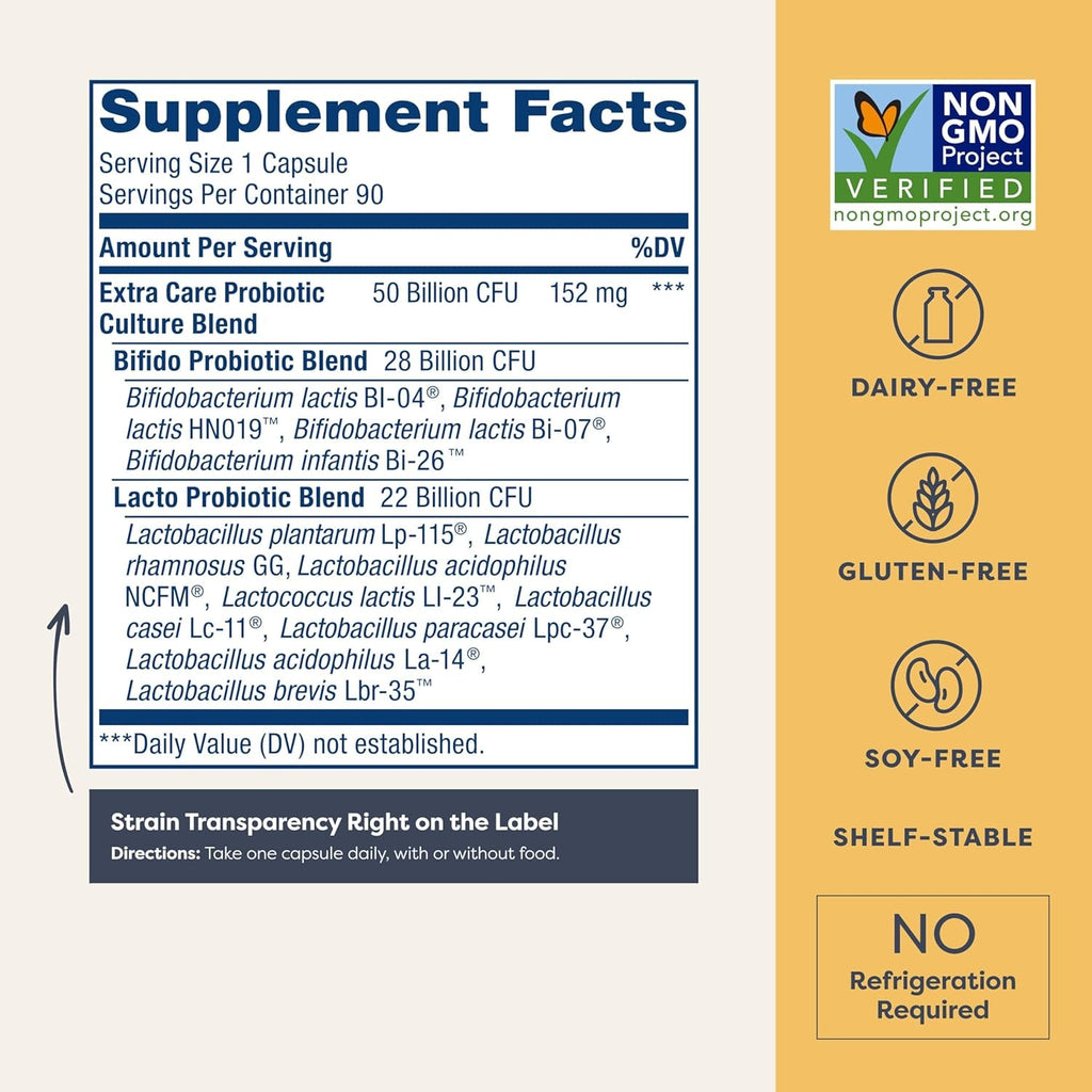 Renew Life Extra Care Digestive Probiotic Capsules, 50 Billion CFU Guaranteed, Daily Supplement Supports Immune, Digestive, Respiratory Health(1), L. Rhamnosus GG, Dairy, Soy and Gluten-Free, 90 Count