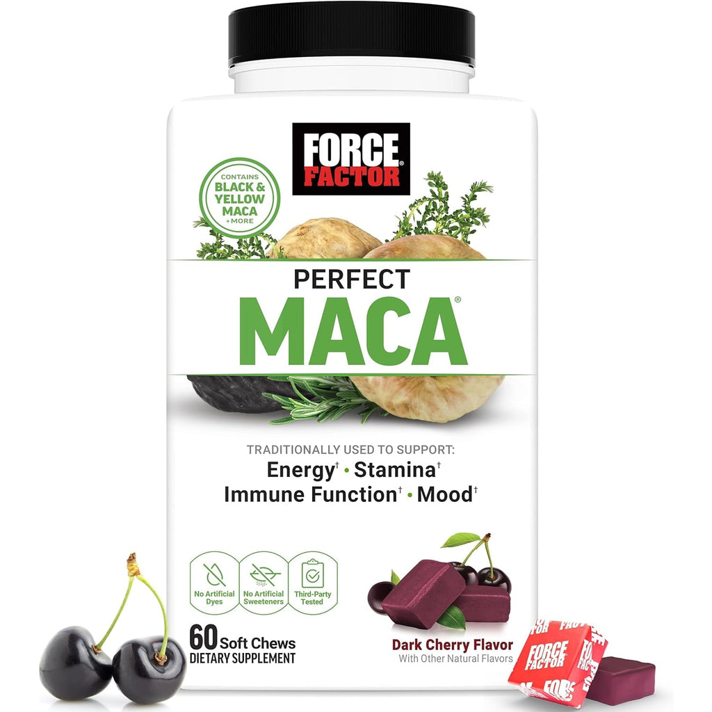 Force Factor Perfect Maca, Maca Root and DIM Supplement with Saffron to Boost Energy and Mood, with Yellow and Black Maca, Vitamins, Minerals, and Antioxidants, Dark Cherry Flavor, 60 Soft Chews