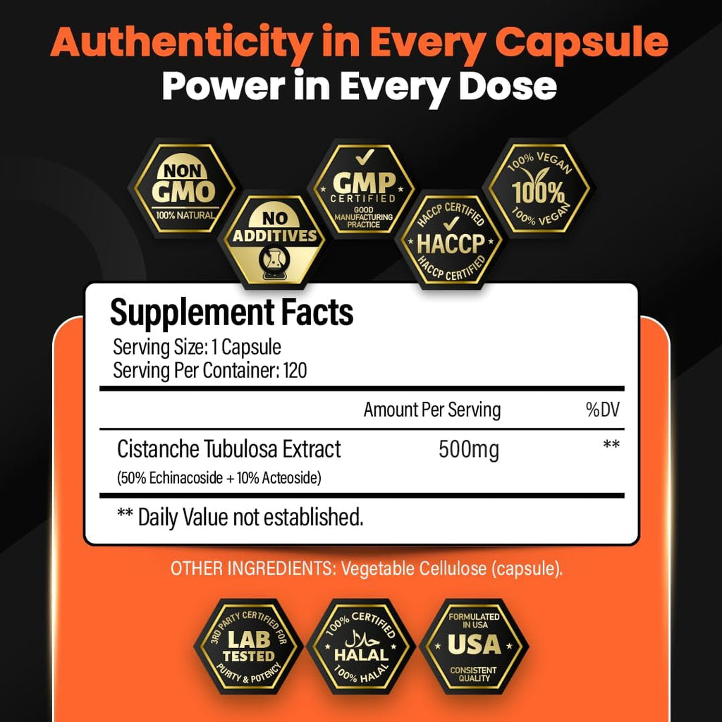 Cistanche Tubulosa Extract 500Mg (120 Servings) - 120 Capsules - 50% Echinacosides,10% Acteosides - Natural Nootropic for Stamina, Immunity & Memory - Hormone Balance - Strength Booster for Men