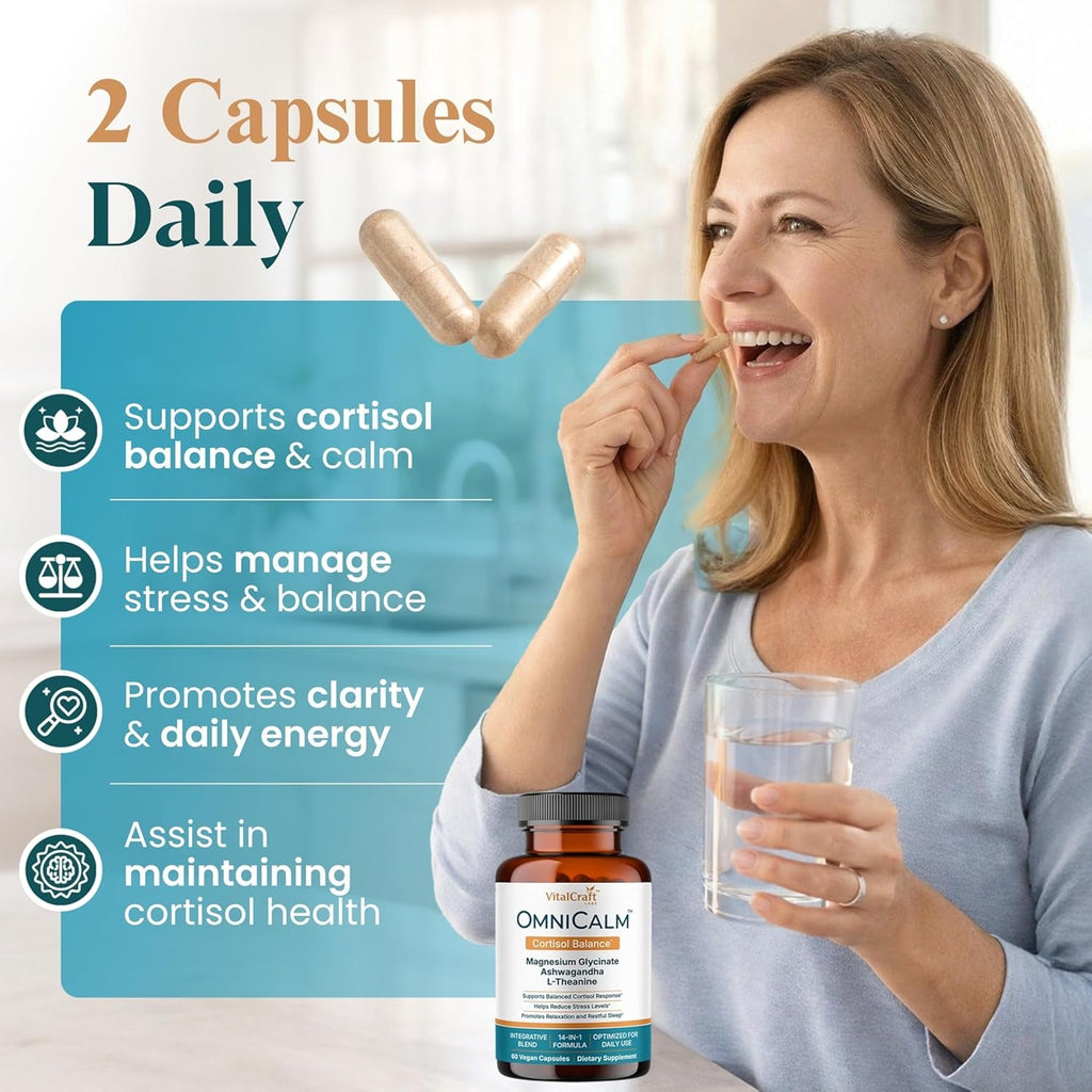 Omnicalm Cortisol Supplements for Women & Men | Cortisol Reducer & Manager with Sensoril Ashwagandha, Suntheanine L-Theanine, Magnesium Glycinate | Physician-Formulated 14-In-1 Stress Relief - USA