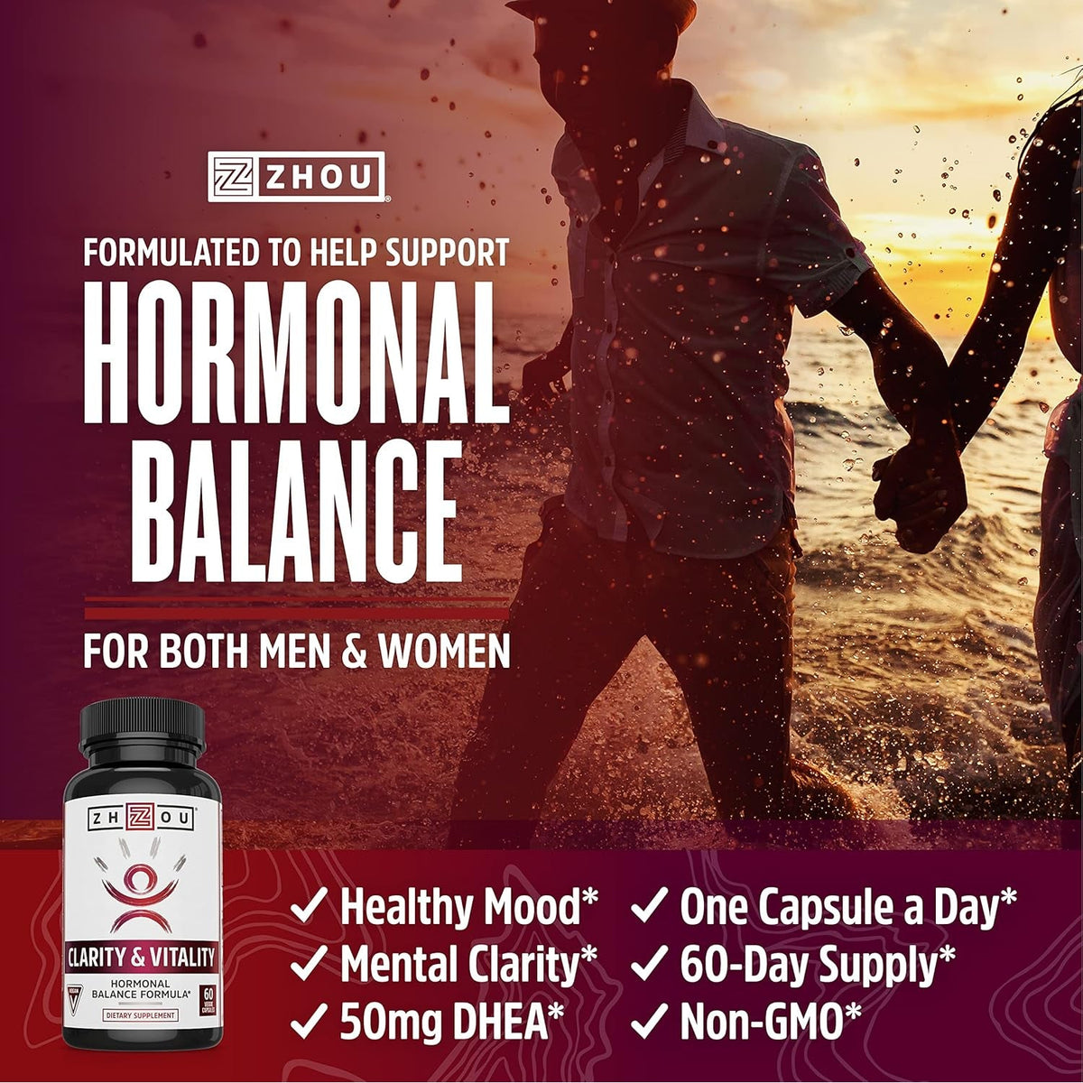 ZHOU Clarity & Vitality - DHEA Supplement for Women and Men, 50Mg Pure DHEA for Hormonal Balance, Healthy Aging Support, Vegan - 60 Veggie Capsules (Pack of 1)