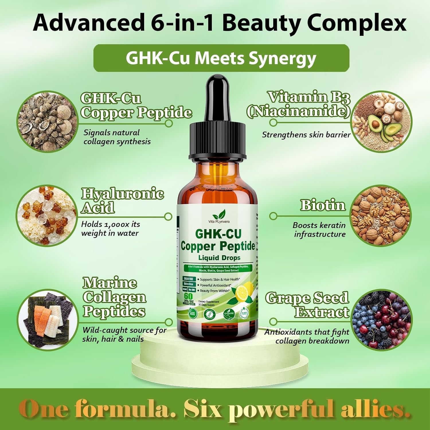 Vita Plynxera GHK-CU Peptide Supplement Liquid Drops, Premium 6-In-1 GHK CU Copper Peptides W. Marine Collagen Hyaluronic Acid Biotin for Anti-Aging, Skin Hair Growth Support, Oral Drops丨Women Men
