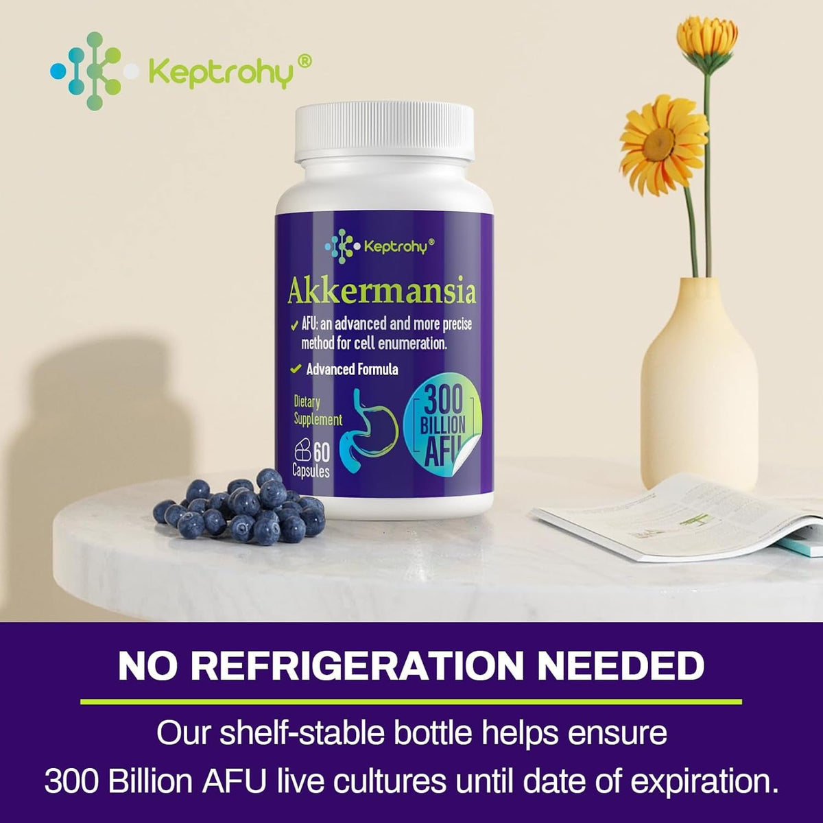 300 Billion AFU Akkermansia Muciniphila - a Live Probiotics for Women Men, Supports GLP-1 Digestive Gut, Immune & Overall Health, Enhances Gut Digestive Lining Function, 60 Count (Pack of 1)