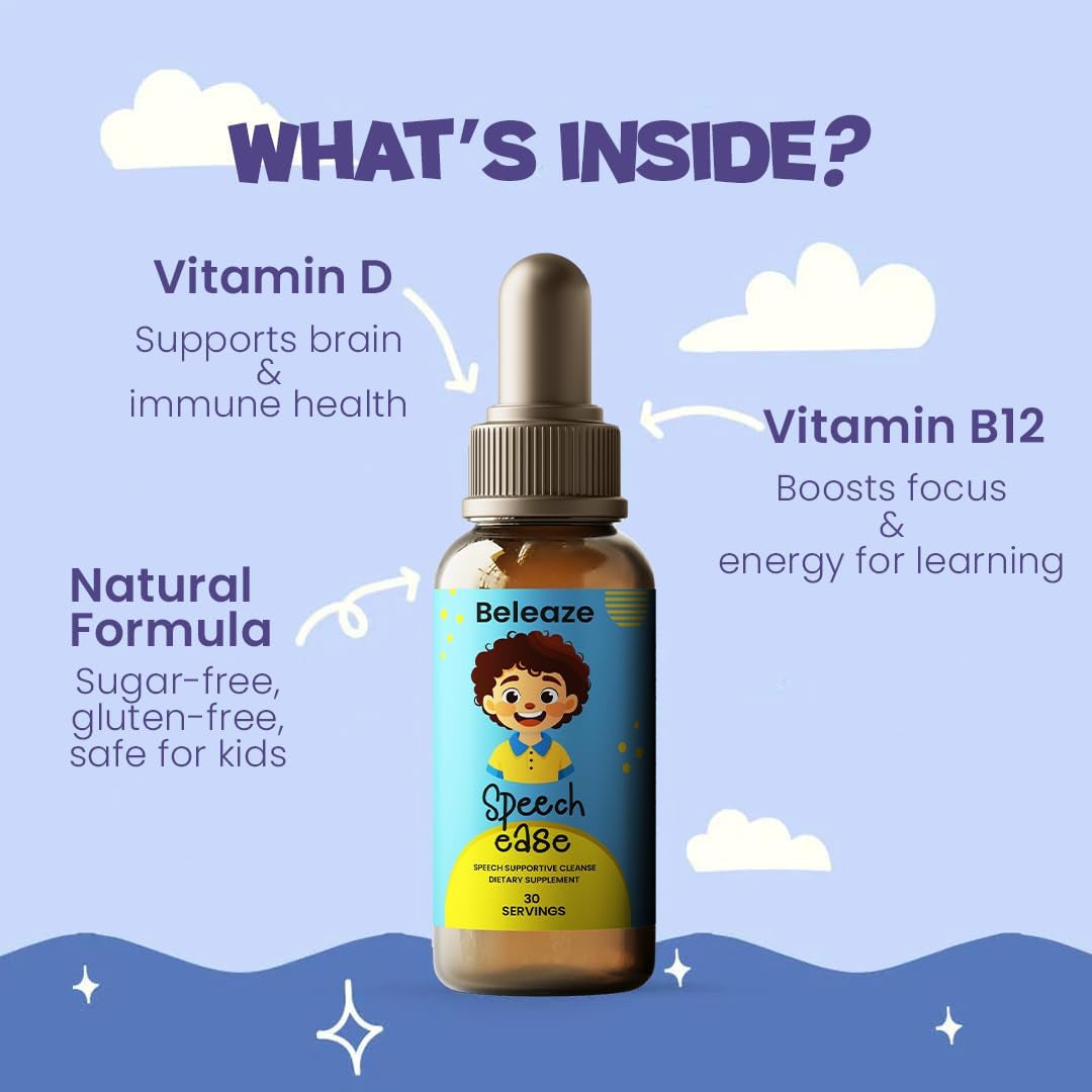 Speech Ease Kids Supplement – Natural Speech Support Drops with Vitamin B12, Folate & Vitamin D | Heavy Metal Cleanse for Brain Health, Communication & Confidence | Gluten-Free, Non-Gmo, Made in USA