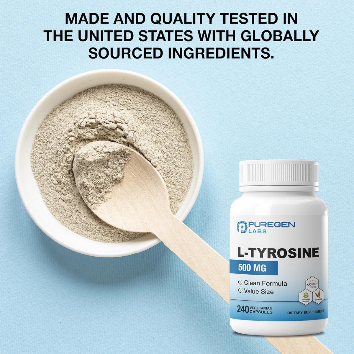 Puregen Labs L-Tyrosine 500 Mg, 240 Vegetable Capsules | No Harmful Additives | Non-Gmo, Vegan, Gluten Free, Dairy Free - 240 Servings