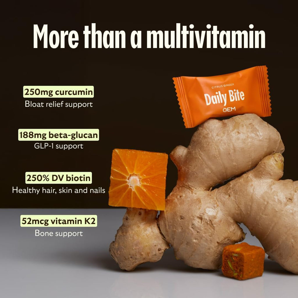 GEM Daily Bite for Women & Men, with 20+ Vitamins, Minerals, & Superfoods like Zinc, Vitamin D, B-Complex, K, Turmeric, Fiber & Prebiotics, Beta Glucan GLP-1 Support & Immunity (Citrus Ginger,7 Count)