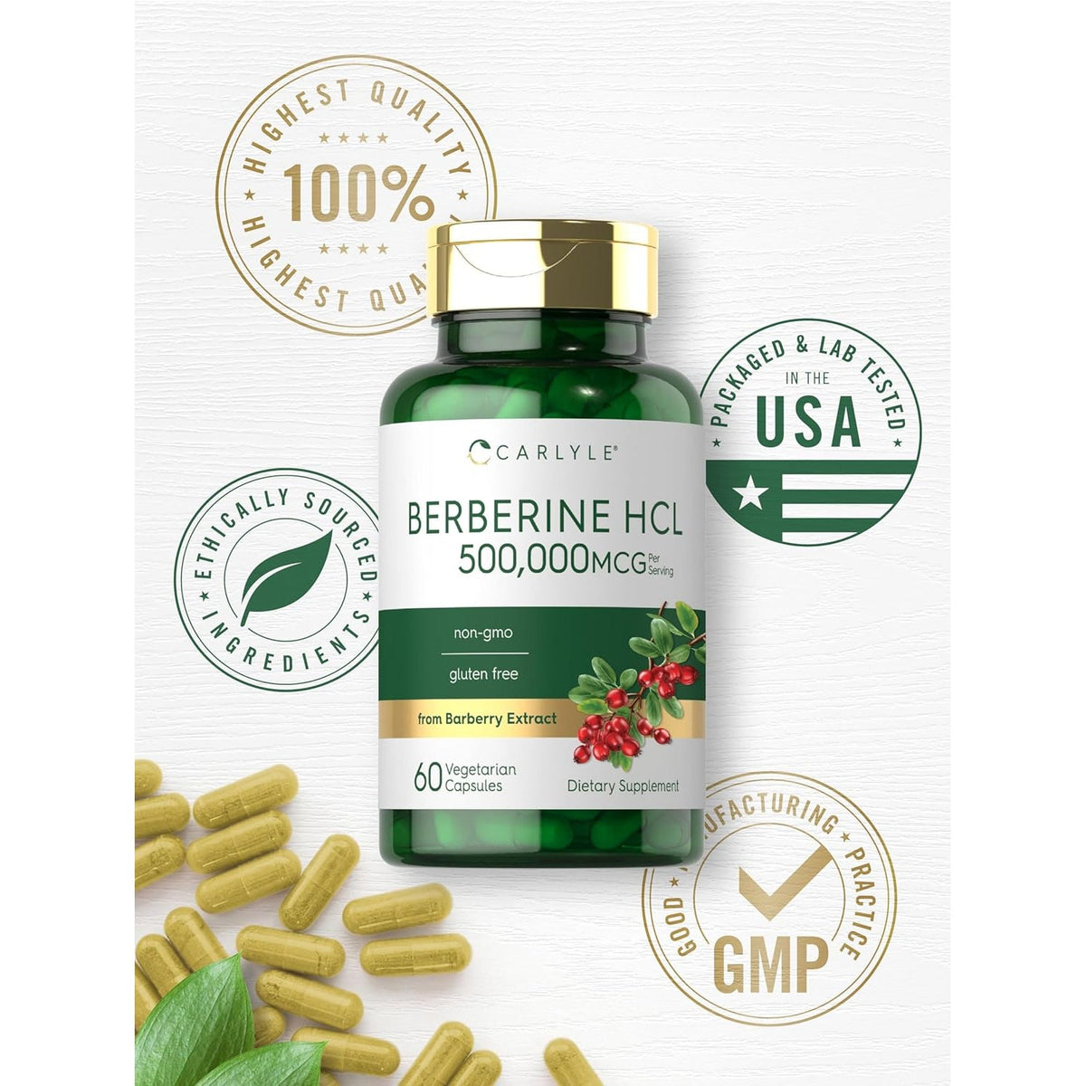 Carlyle Berberine HCL Supplement | 500,000Mcg | 60 Capsules | Vegetarian, Non-Gmo, Gluten Free