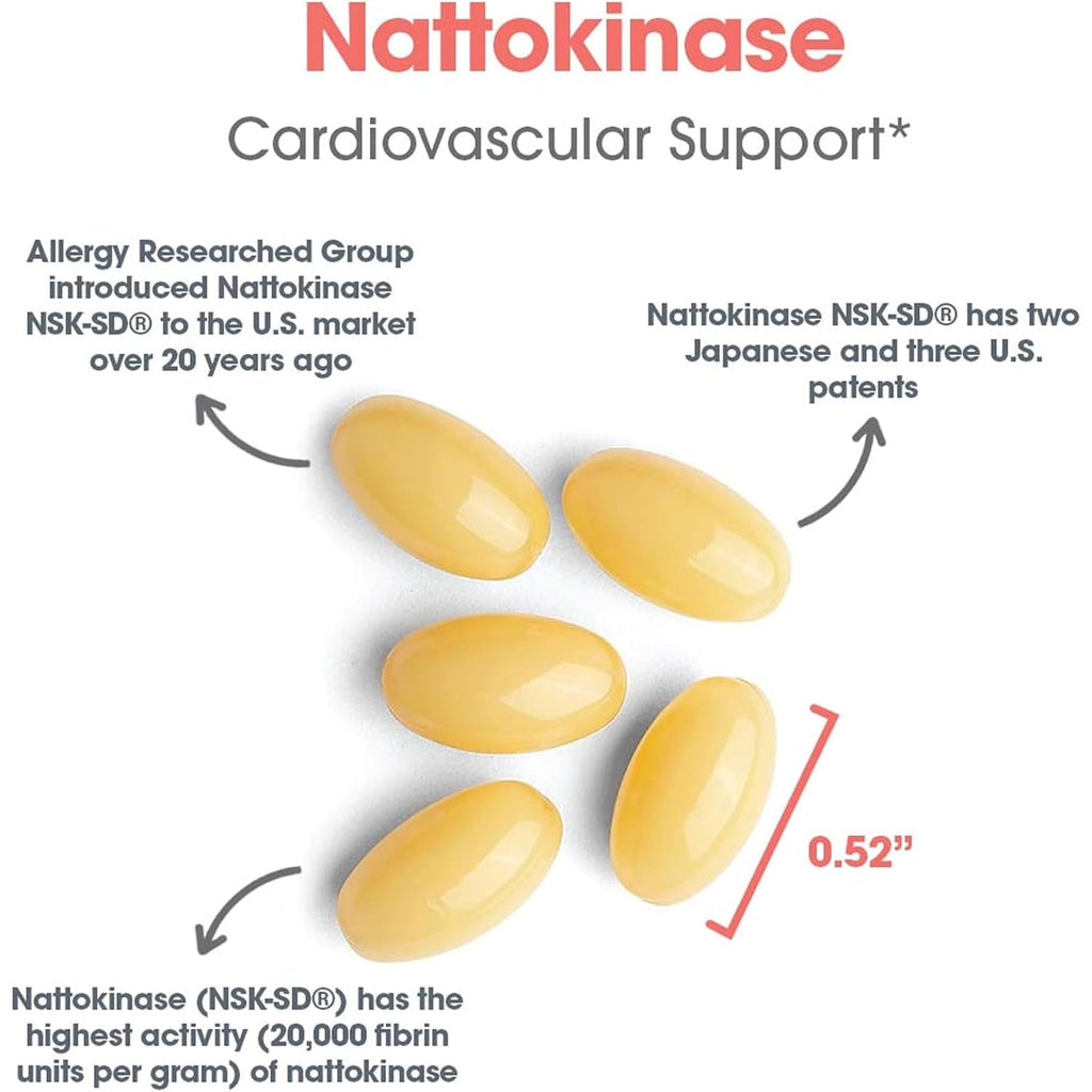 Allergy Research Group ARG Nattokinase 100 Mg - Supplement to Support Healthy Circulation - Delivers 100 Mg Nattokinase NSK-SD from Fermented Soybeans per Serving - 180 Servings - 180 Capsules