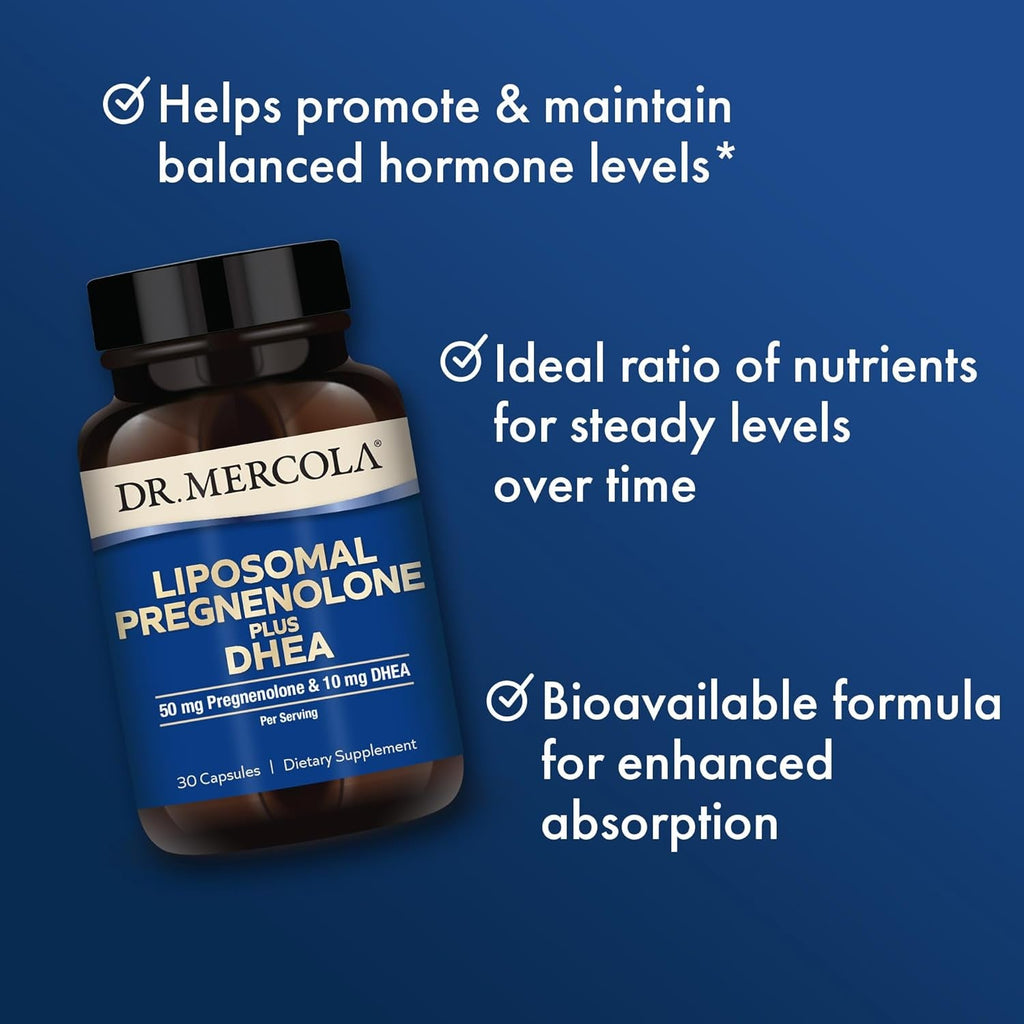 Dr. Mercola Liposomal Pregnenolone plus DHEA, 30 Servings (30 Capsules), 50 Mg Pregnenolone per Serving, 10 Mg DHEA per Serving, Dietary Supplement, Non-Gmo