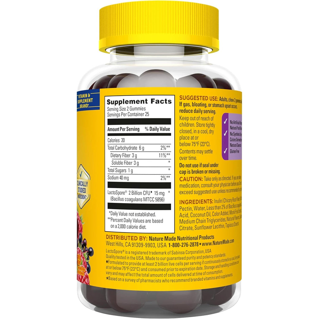 Nature Made Probiotic + Prebiotic Fiber Gummies for Daily Gut Health, Fiber Supplement with Probiotics for Digestive Health Support, 50 Gummies, 25 Day Supply