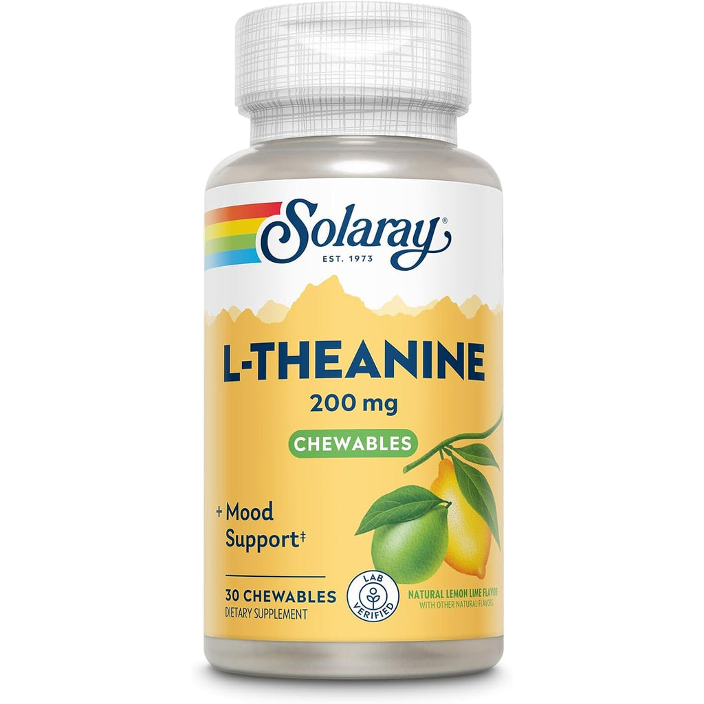 SOLARAY L Theanine 200Mg, Mood Support Supplement with Vitamin B6 - Calming Support during Occasional Stress - Natural Lemon Lime Flavor - 60-Day Guarantee, Lab Verified - 30 Servings, 30 Chewables