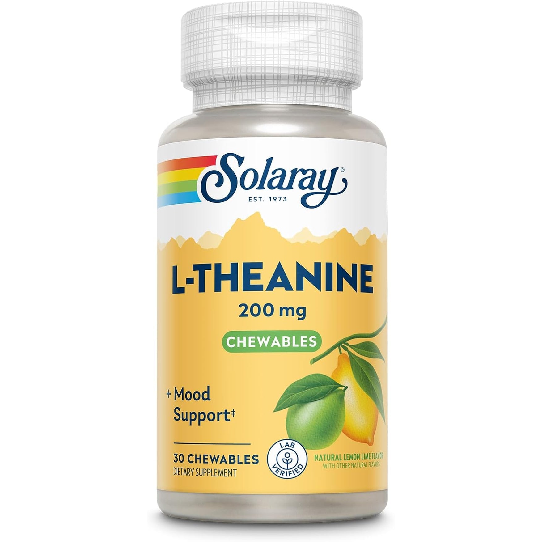 SOLARAY L Theanine 200Mg, Mood Support Supplement with Vitamin B6 - Calming Support during Occasional Stress - Natural Lemon Lime Flavor - 60-Day Guarantee, Lab Verified - 30 Servings, 30 Chewables