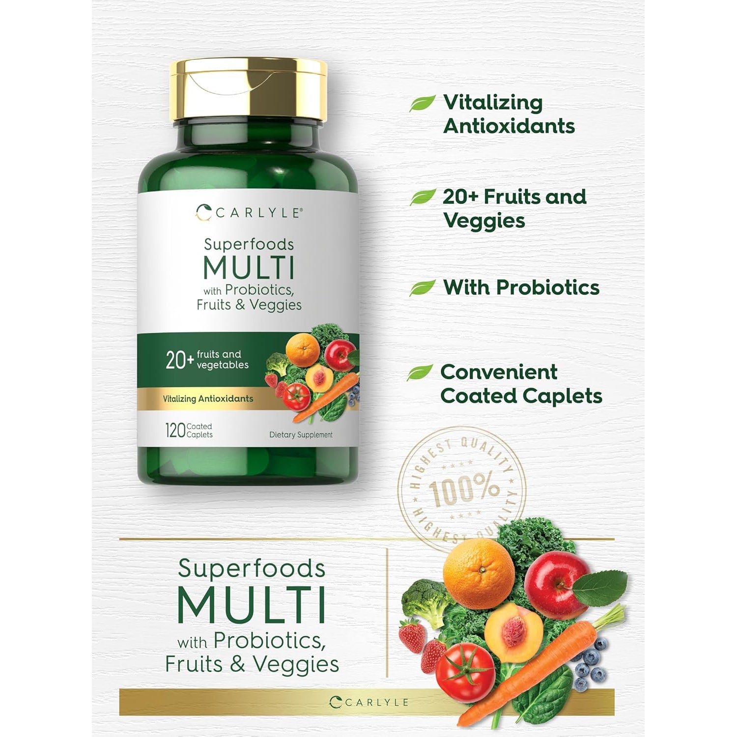 Carlyle Fruits and Veggies Supplement | 120 Count | Superfood Multivitamin with Probiotics | Made with 20 Fruits and Vegetables | Non-Gmo & Gluten Free