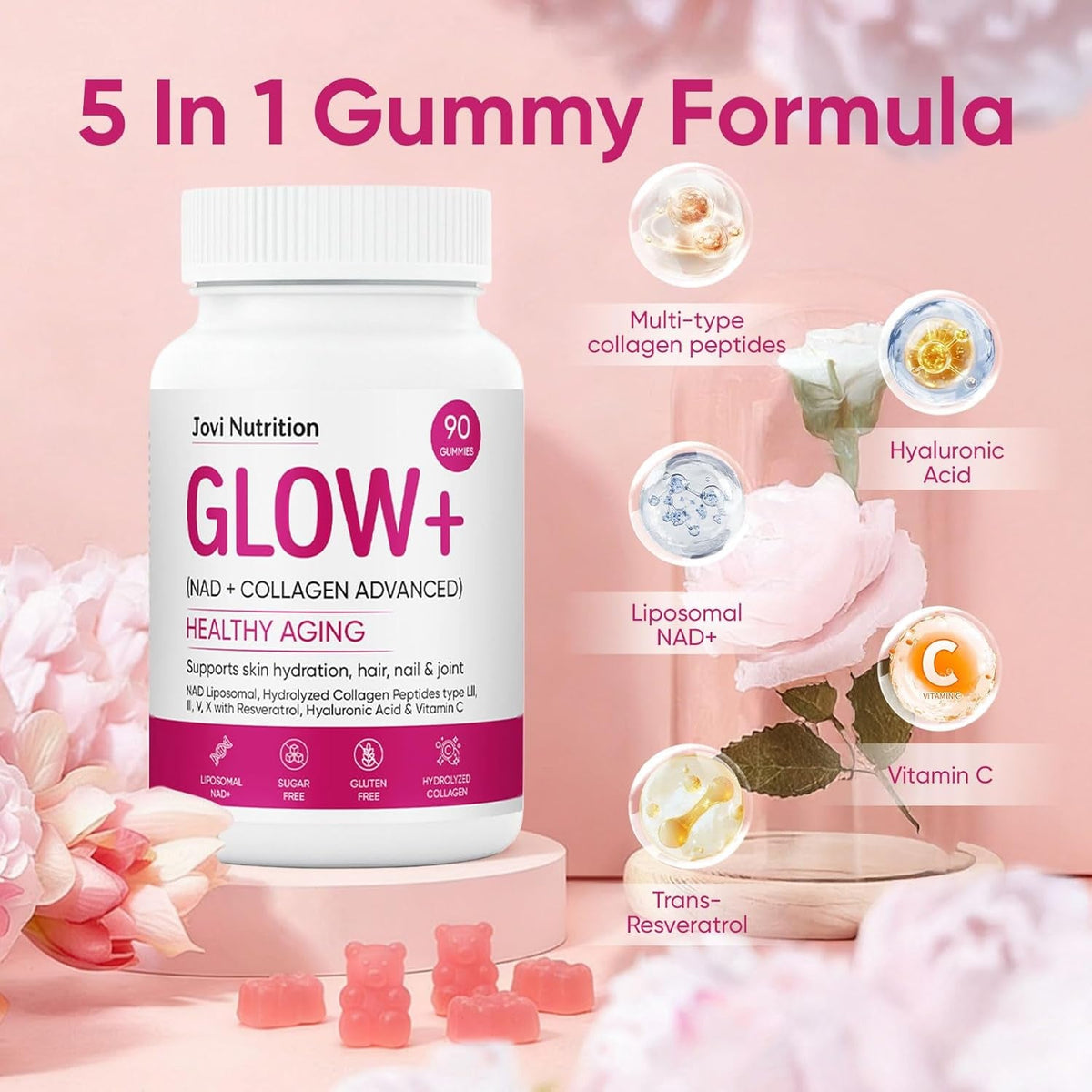 Jovi Glow+ NAD+ & Collagen Gummies, Multi-Type Hydrolyzed Collagen Peptides, Resveratrol, Hyaluronicacid, Vitaminc, Supplement for Skin, Hair, Nails, 90 Count (1, A)