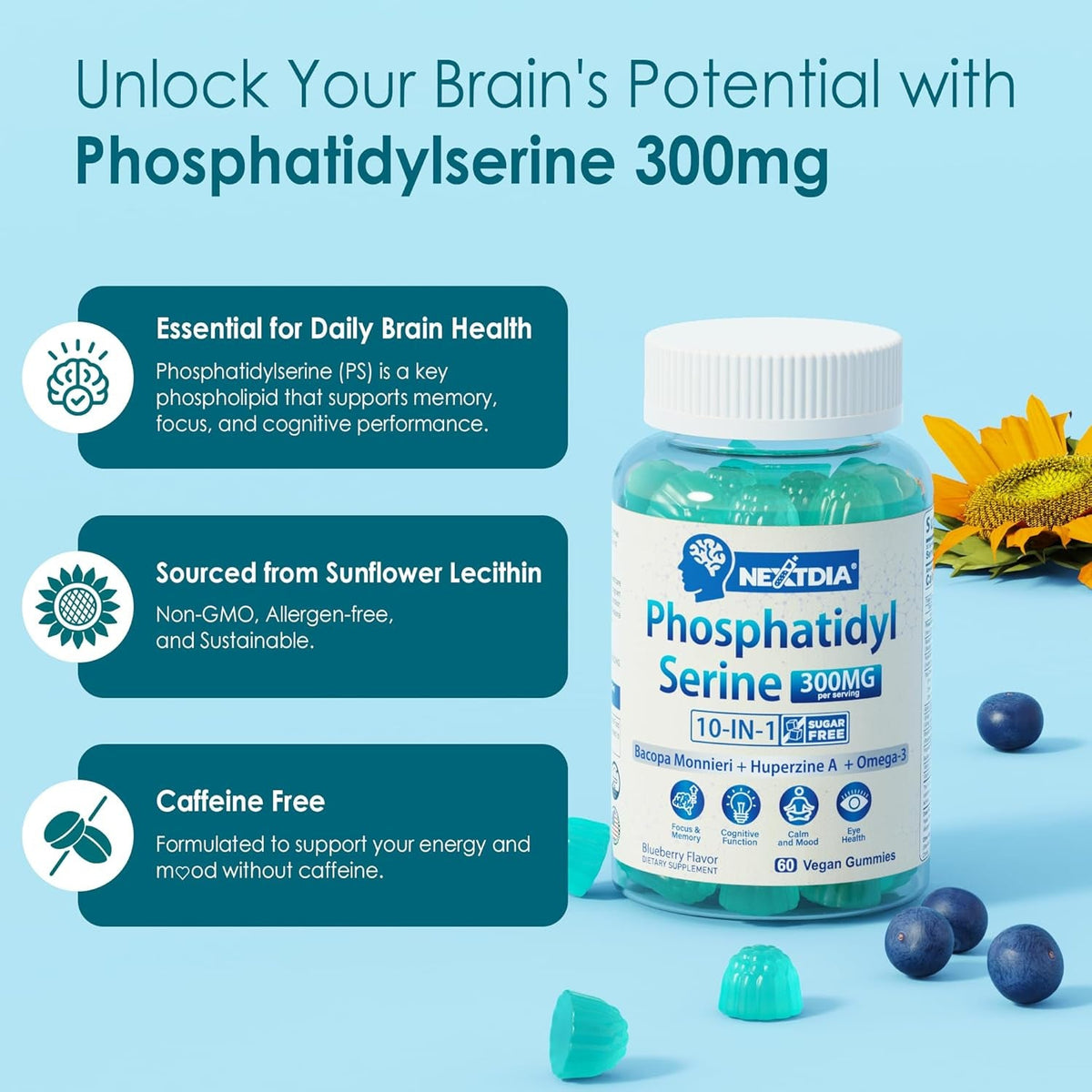 Phosphatidylserine - Nootropic Brian Supplement, Focus & Energy Gummies+ Bacopa Monnieri, Omega 3, Huperzine A, Methyl B12 & B6 for Seniors, Gamers, Workers, Non-Gmo, Caffeine-Free, Sugar Free, 2 Pack