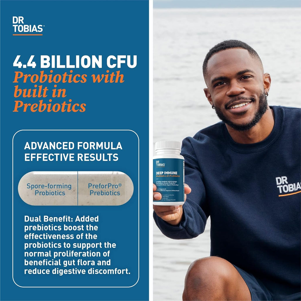 Dr. Tobias Deep Immune Probiotics & Prebiotics - Dual Action Digestion & Immune Support with Preforpro Prebiotics & Delayed Release Spore Forming Probiotics for Women & Men - 60 Capsules (30 Servings)