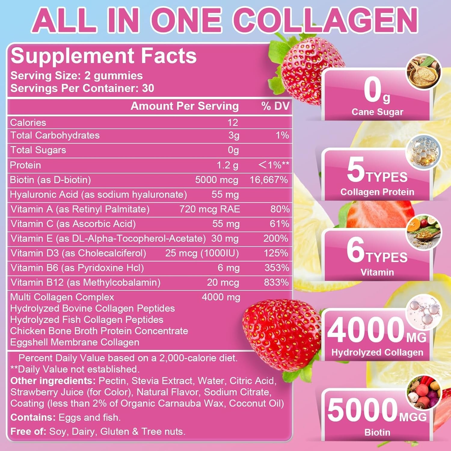 Nature'S Live Multi Collagen Peptides Gummies, Type I, II, III, V, X - Hydrolyzed Collagen Peptides with Biotin, Hyaluronic Acid, Supports Healthy Skin, Strong Nails & Thick Hair, 60 Count, 1 Pack