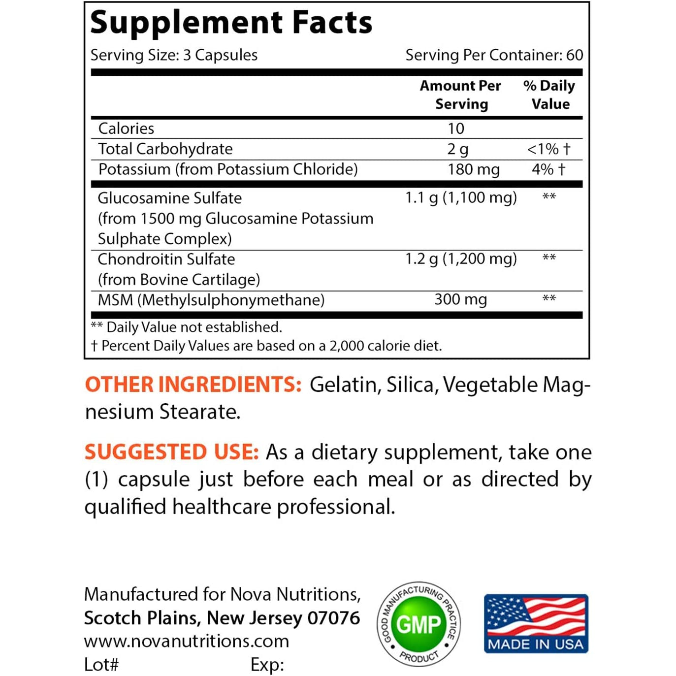 Nova Nutritions Triple Strength Glucosamine Chondroitin MSM 2600Mg/Serving Capsules, Supports Healthy Joint, Cartilage and Connective Tissue - Promotes Joint Comfort & Flexibility 180 Count