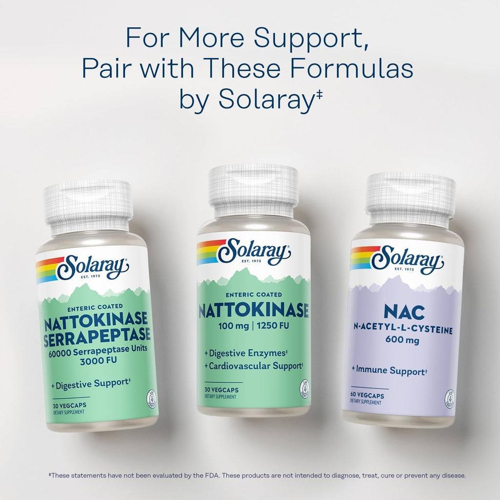 SOLARAY Nattokinase Supplement 1250 FU for Men & Women - Digestive Natto Enzymes, Heart Health & Circulation Support, Nattokinase Capsules 100 Mg, Enteric Coated - 30 Veg Caps